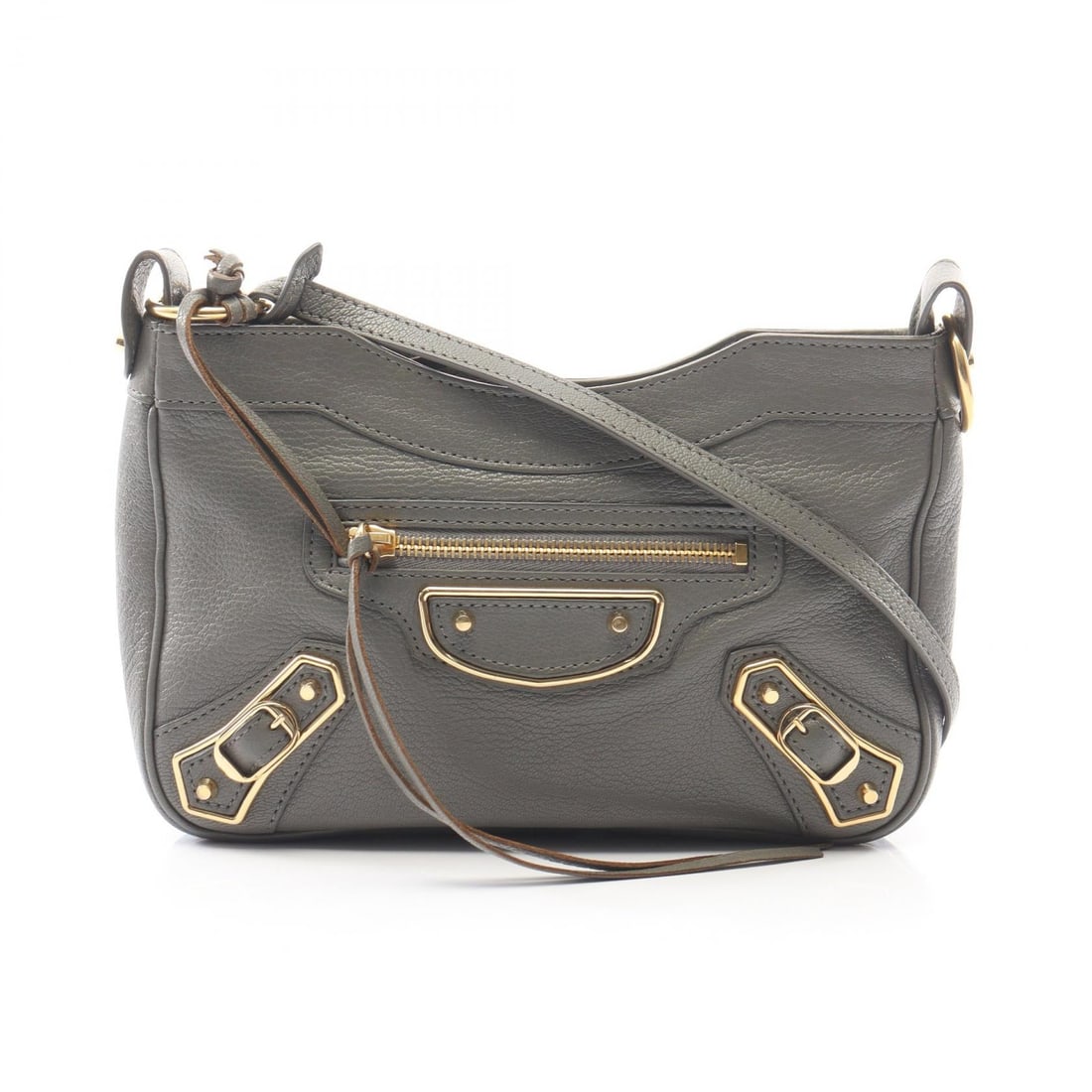 Balenciaga Metallic Edge Shoulder Bag: Authentic and authenticated Balenciaga Metallic Edge shoulder bag in gray leather. Model 390164. Approx. 13H x 23W x 5D cm with 102-110 cm strap. Includes mirror.