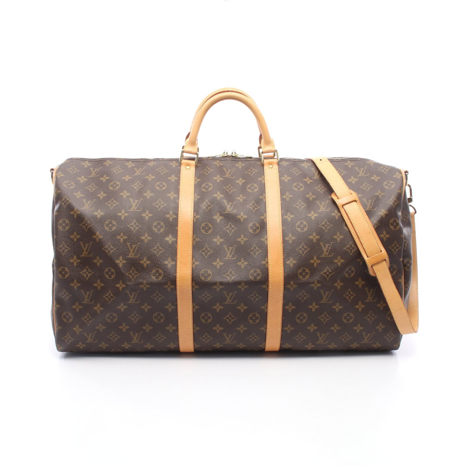 LV Keepall Bandouliere 60 Brown: Authentic and authenticated Louis Vuitton Keepall Bandouliere 60 Monogram Boston bag in brown PVC leather. Model M41412, product no. TH0998. Approx. 32H x 60W x 26D cm with 33 cm handle and 103-121