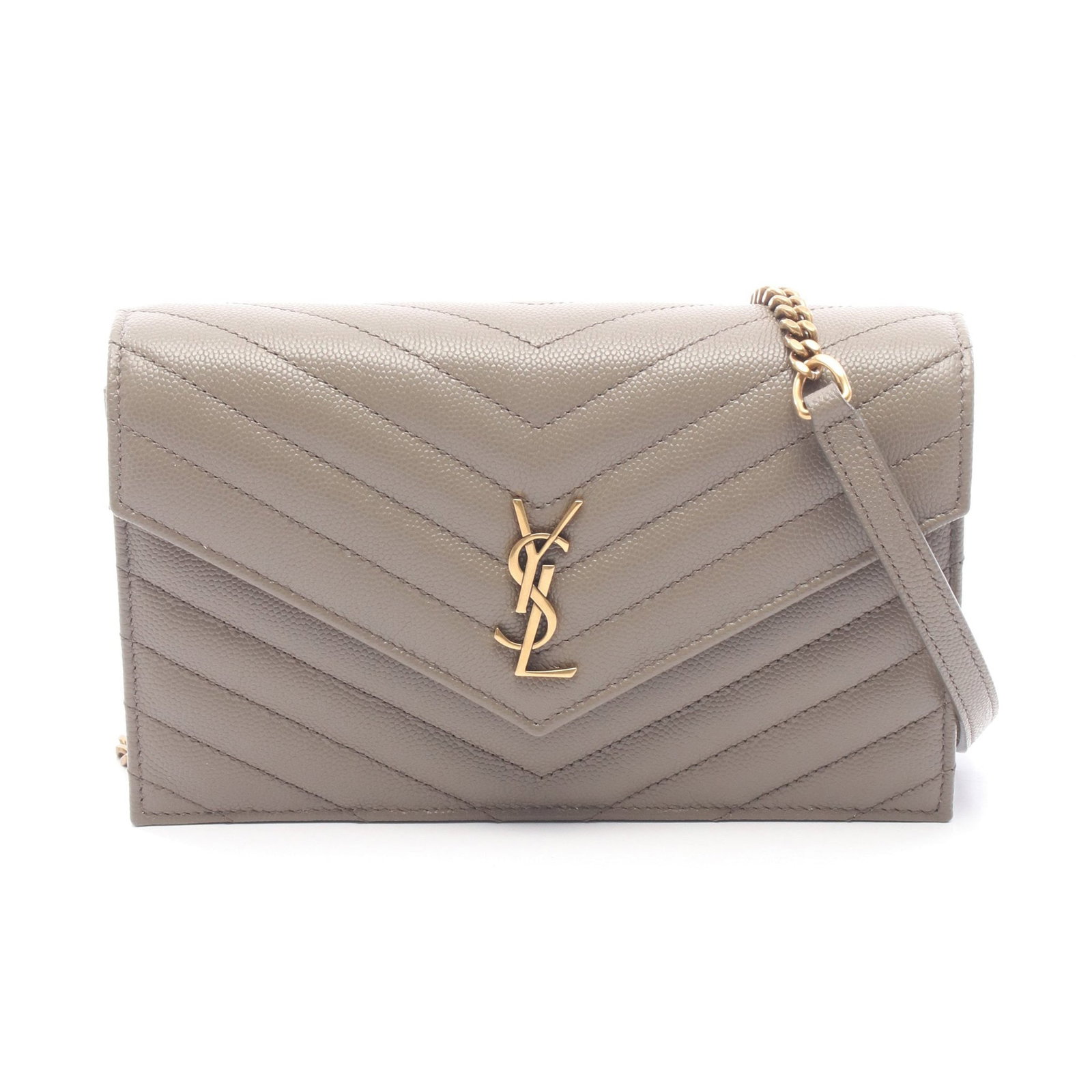 Saint Laurent Cassandra Envelope Bag: Authentic and authenticated Saint Laurent Paris Cassandra Envelope chain shoulder bag in gray beige leather. Model 862439AAGA81799. Approx. 12H x 19W x 4D cm with 115 cm strap. Includes box and