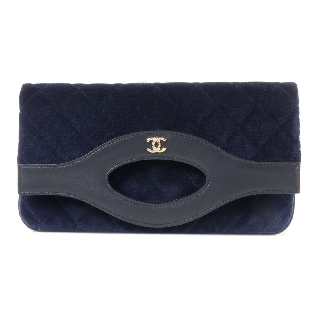 Chanel 31 Quilted Velvet Clutch: Authentic and authenticated Chanel 31 clutch bag in navy quilted velvet. Product no. 28489902. Approx. 25.5W x 14-27H x 3D cm with 10 cm handle. Includes box, storage bags, hologram sticker, and guara