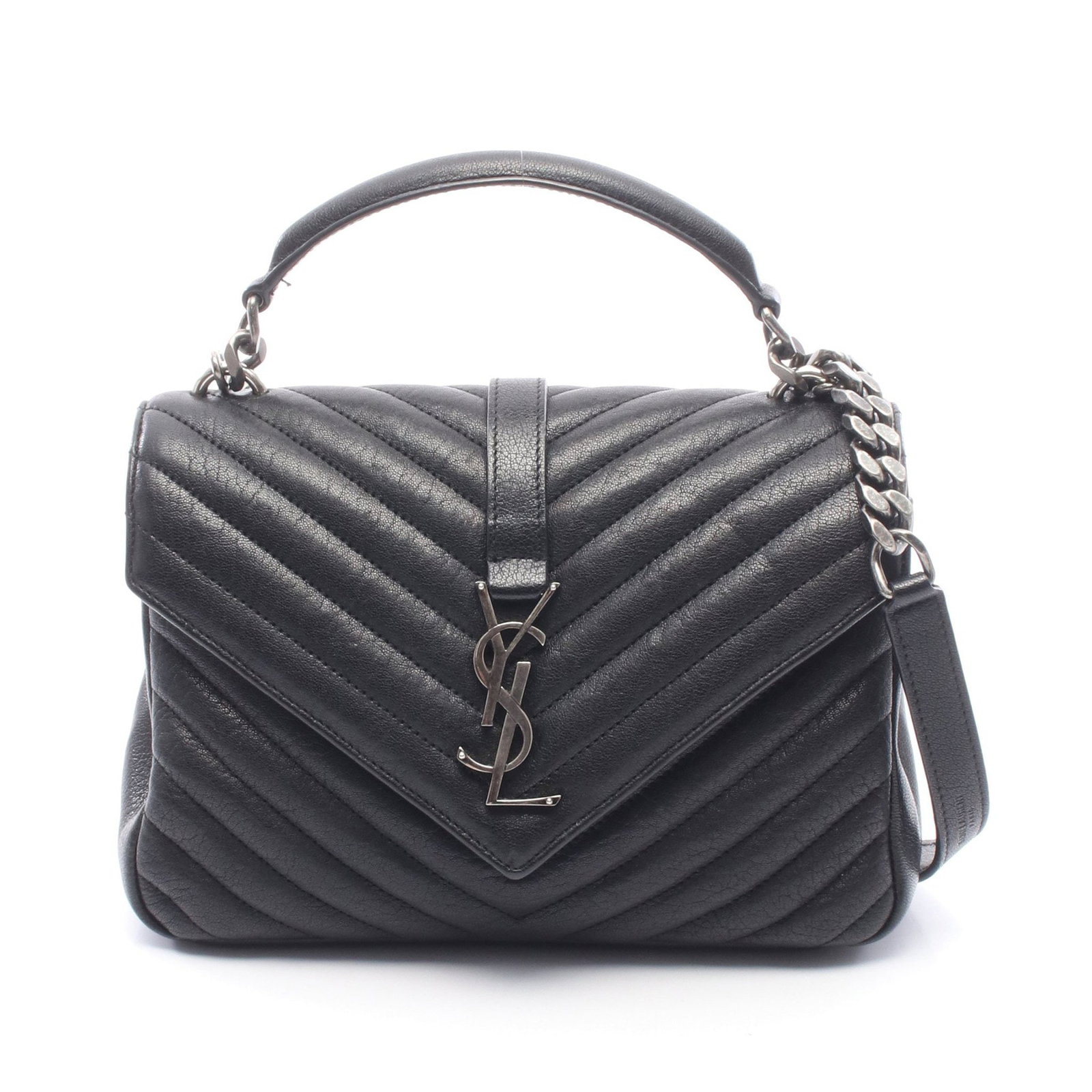 Saint Laurent College Medium 2WAY: Authentic and authenticated Saint Laurent Paris College Medium 2WAY handbag in black leather. Model 600279BRM041000. Approx. 17H x 23/24W x 6D cm with 26 cm handle and 116 cm chain strap.