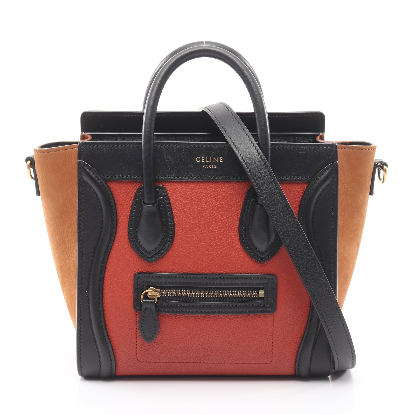 Celine Luggage Nano Shopper Multicolor: Authentic and authenticated Celine Luggage Nano shopper 2WAY handbag in orange red, black, and brown leather nubuck. Model 168243. Approx. 20H x 27/20W x 9D cm with 30 cm handle and 119 cm strap.