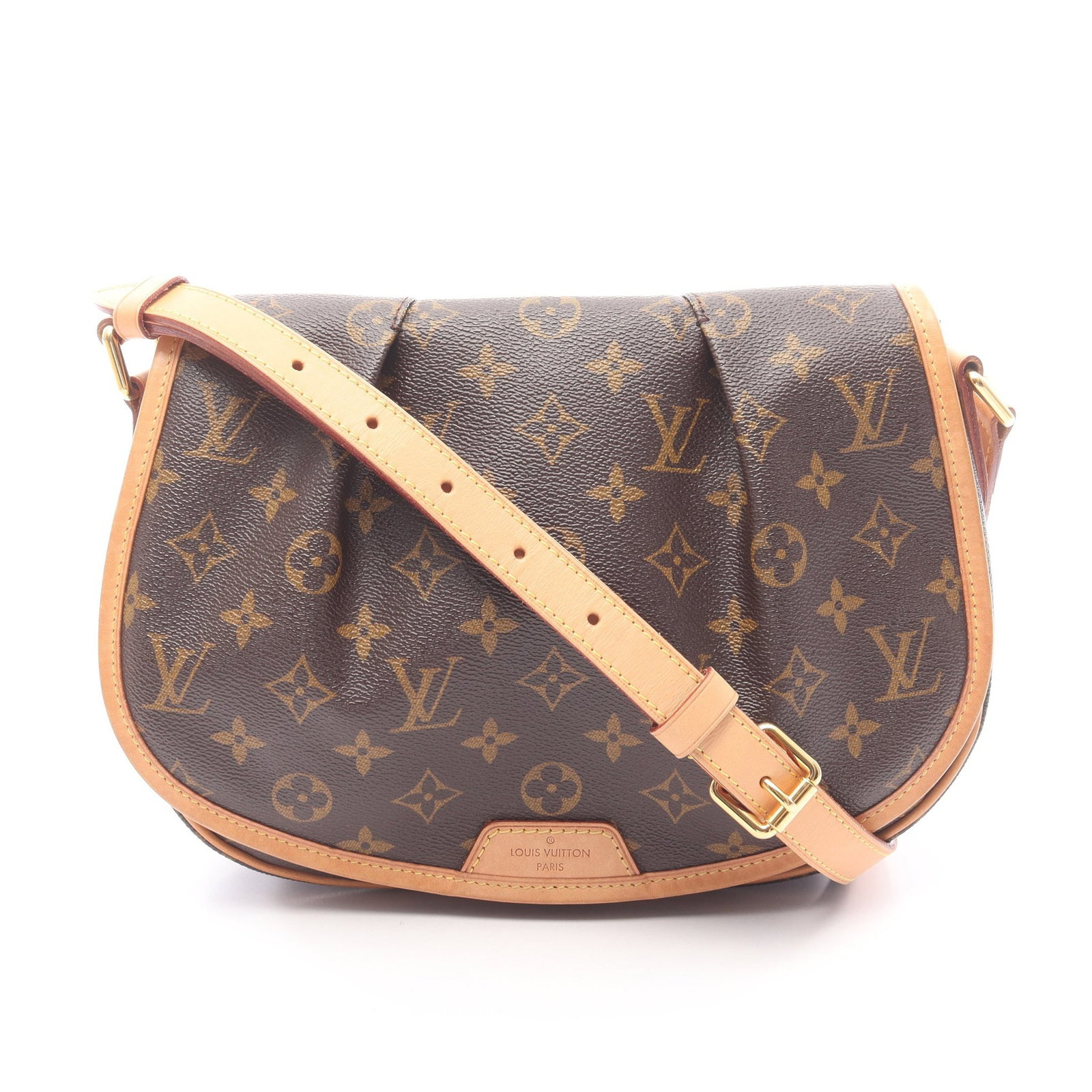LV Menilmontant PM Monogram Bag: Authentic and authenticated Louis Vuitton Menilmontant PM Monogram shoulder bag in brown PVC leather. Model M40474, product no. MI2101. Approx. 21H x 25/27W x 8D cm with 109-127 cm strap.