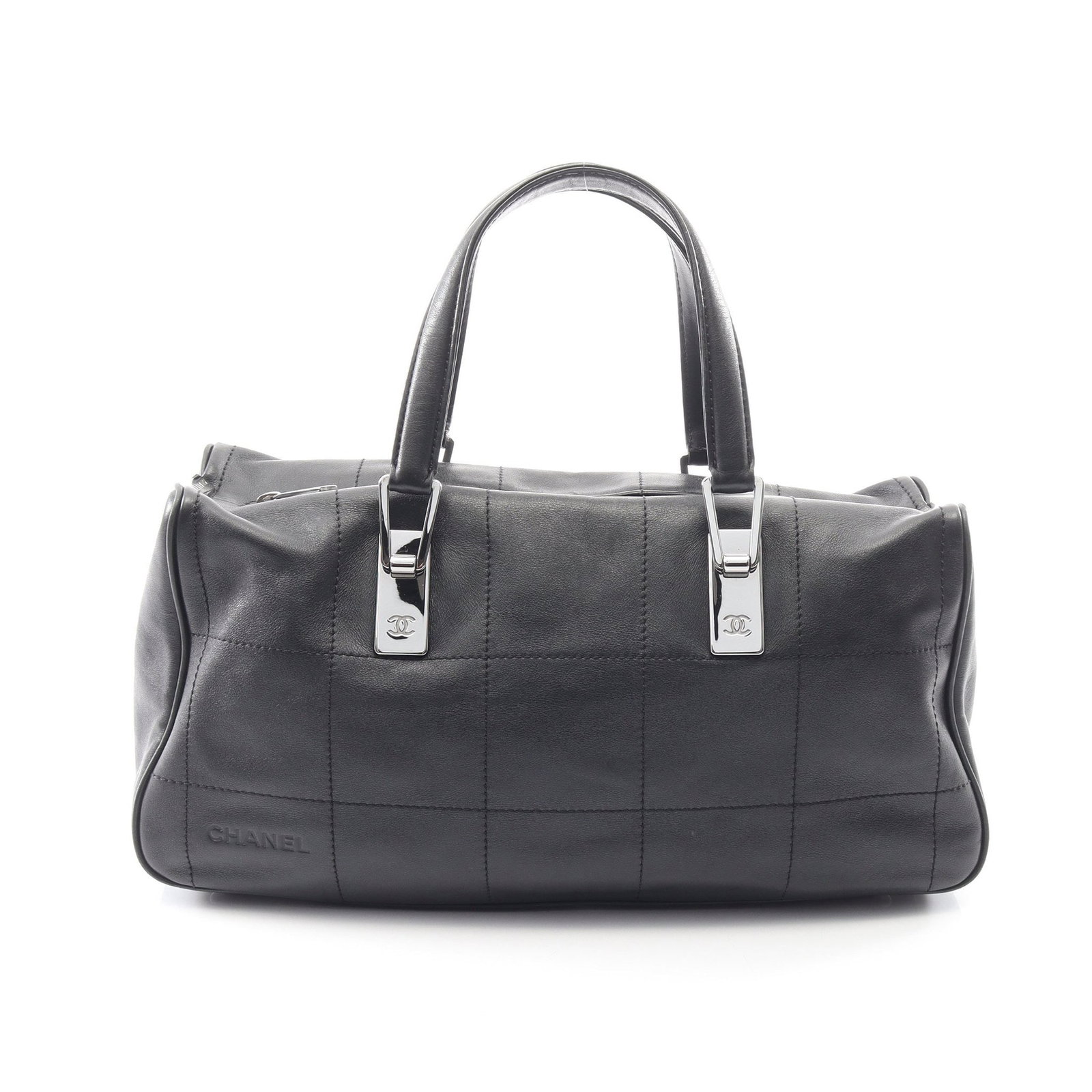 Chanel Chocolate Bar Handbag Black: Authentic and authenticated Chanel Chocolate Bar handbag in black lambskin with silver hardware. Approx. 19H x 33/37W x 10D cm with 40 cm handle. Includes guarantee card, serial seal, and boutique