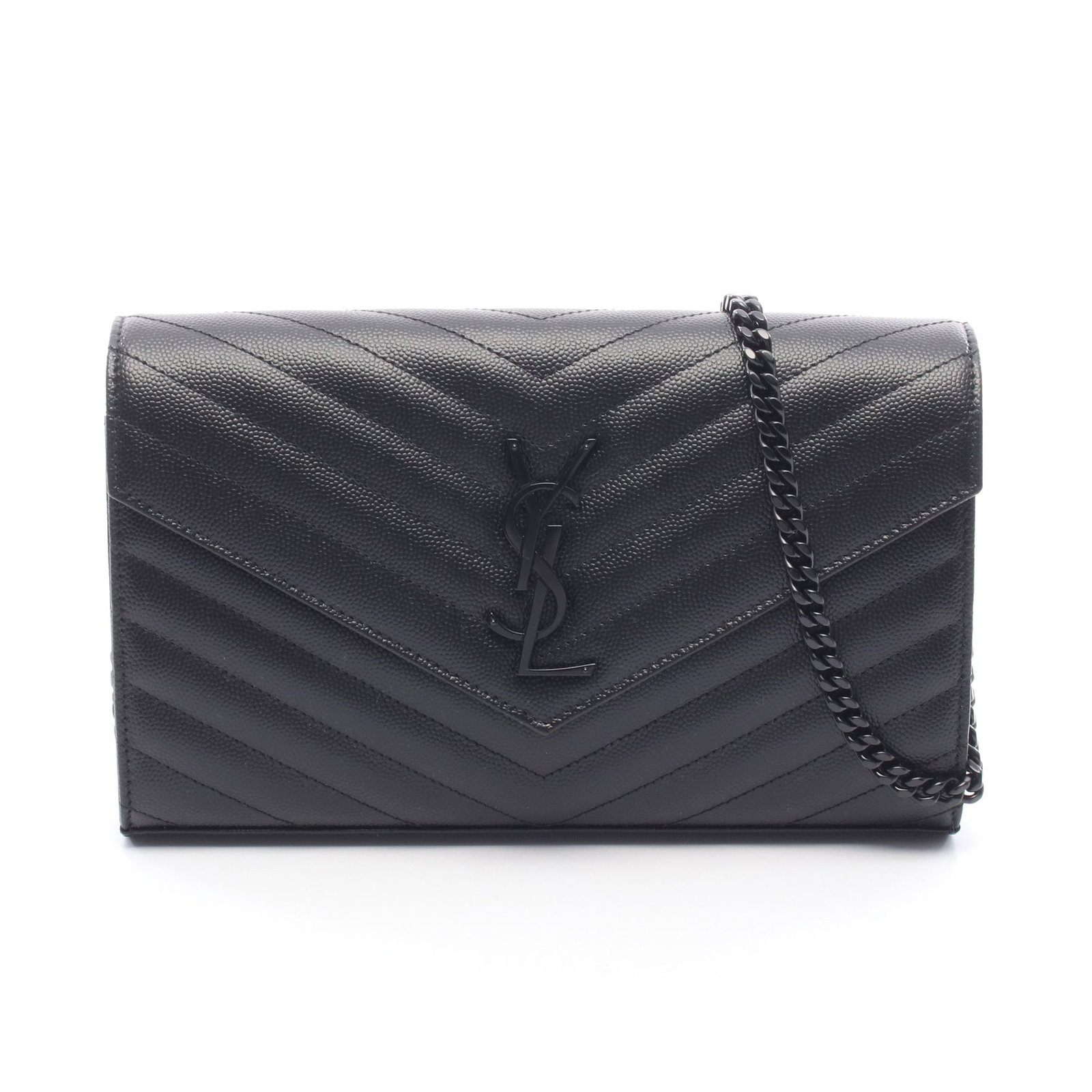 Saint Laurent Cassandra Chain Wallet: Authentic and authenticated Saint Laurent Paris Cassandra Classic chain wallet in black leather. Model 377828BOW081000. Approx. 14H x 22W x 3D cm with 105 cm strap. Includes box and storage bags.