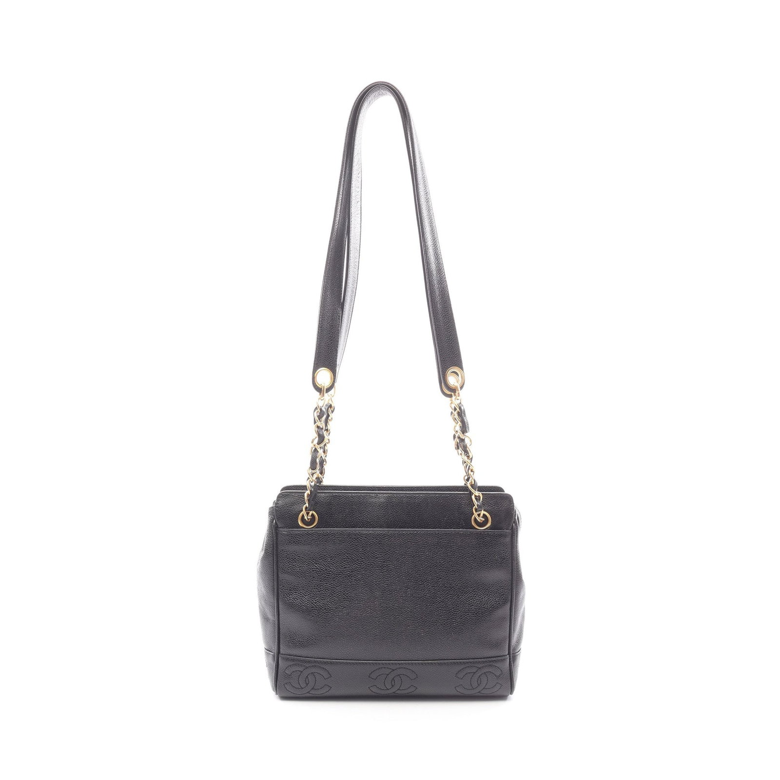 Chanel Triple Coco Chain Tote Black: Authentic and authenticated Chanel Triple Coco Mark chain shoulder tote bag in black caviar skin with gold hardware. Approx. 22H x 24/25W x 8D cm with 90 cm strap. Includes guarantee card and serial