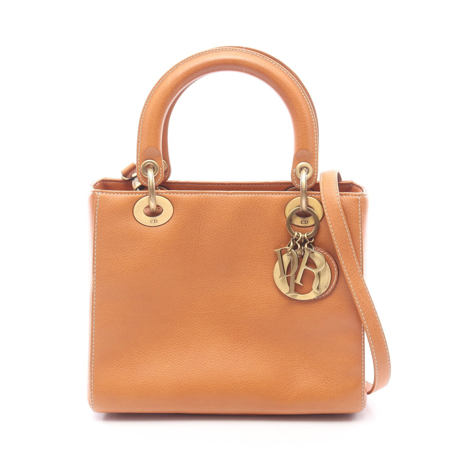 Dior Lady Dior Medium 2WAY Brown: Authentic and authenticated Christian Dior Lady Dior Medium Canage 2WAY handbag in light brown leather. Approx. 20H x 24W x 12D cm with 34 cm handle and 90 cm strap. Includes shoulder strap.