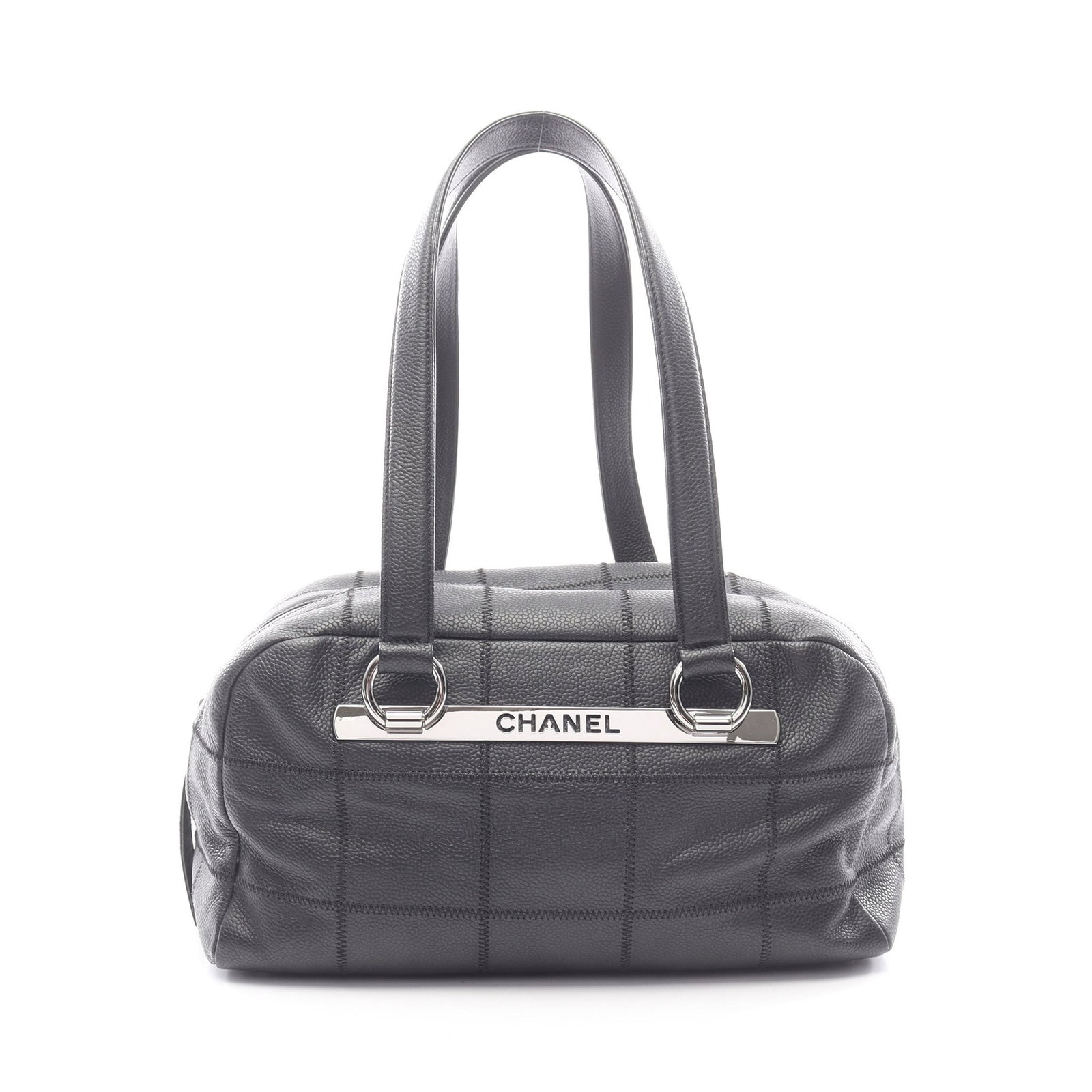 Chanel Chocolate Bar Mini Boston: Authentic and authenticated Chanel Chocolate Bar mini Boston handbag in black soft caviar skin with silver hardware. Approx. 16H x 26/29W x 14D cm with 59 cm handle. Includes guarantee card and serial