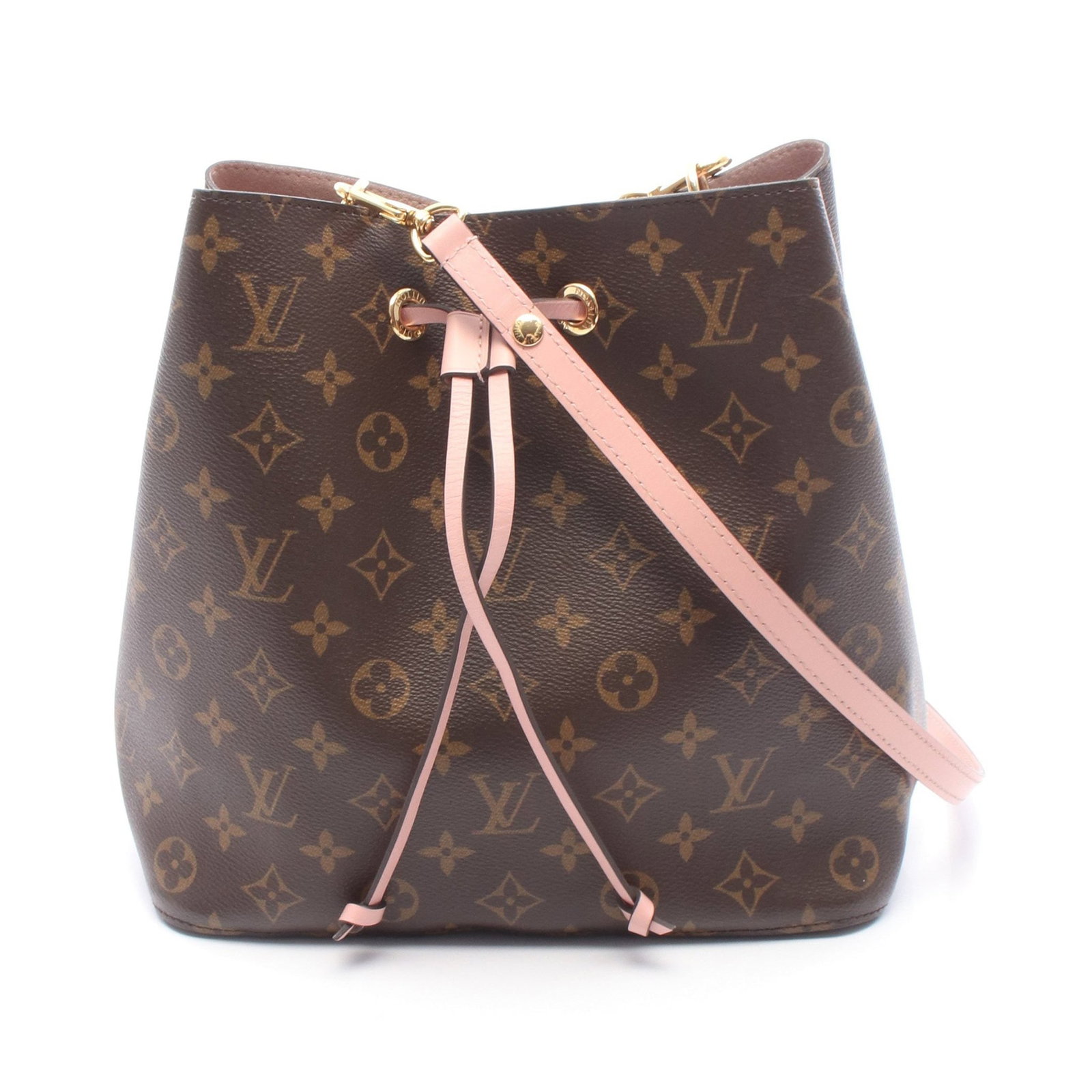 LV NeoNoe Monogram Rose Pink: Authentic and authenticated Louis Vuitton NeoNoe Monogram shoulder bag in brown and light pink PVC leather. Model M44022, product no. MI4240. Approx. 25H x 26W x 17D cm with 69-116 cm strap.