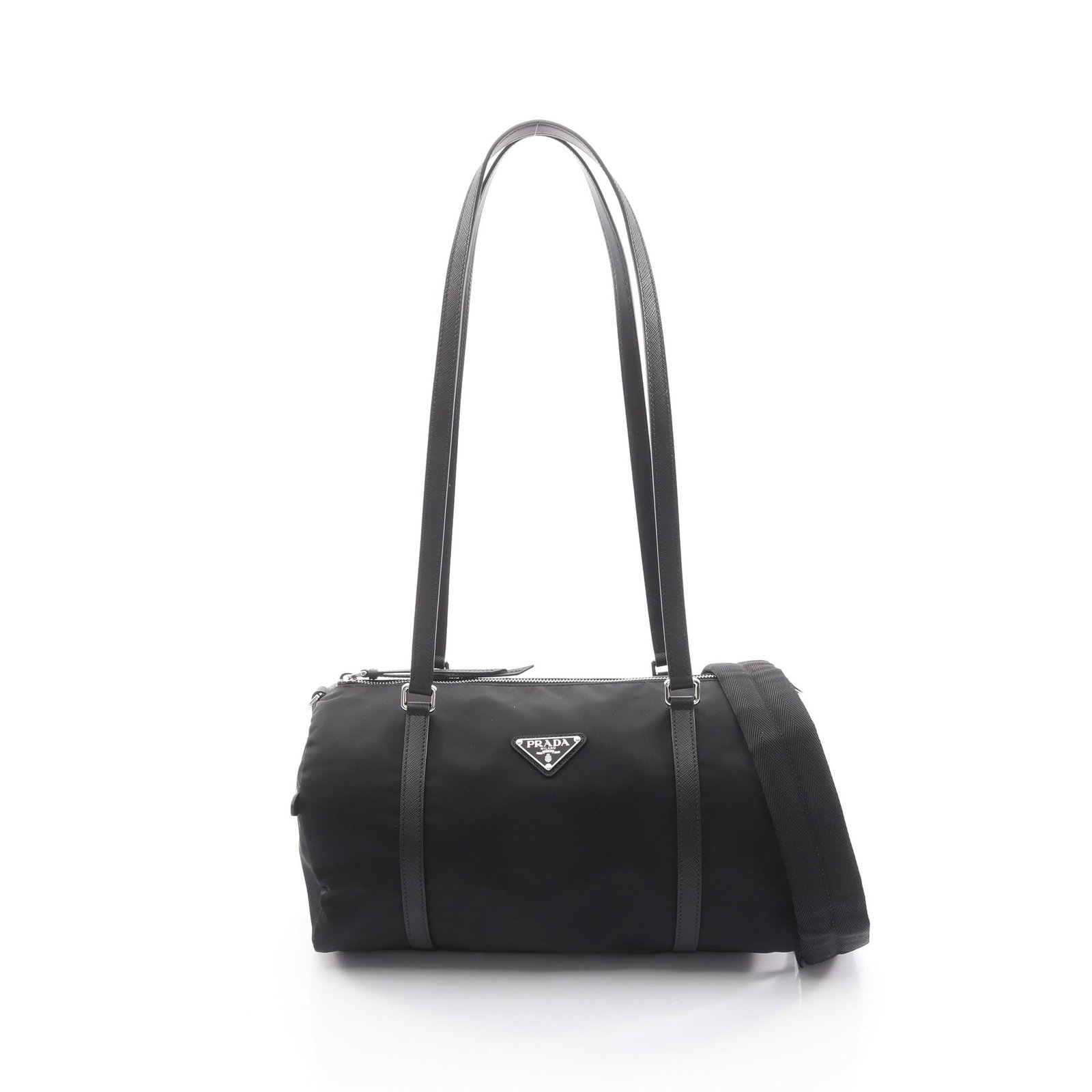 Prada Tessuto Saffiano Duffel: Authentic and authenticated Prada TESSUTO+SAFFIAN 2WAY duffel shoulder bag in black nylon saffiano leather. Model 1BB154R064F0632. Approx. 16H x 33W x 16.5D cm. Includes storage bags and hand strap.