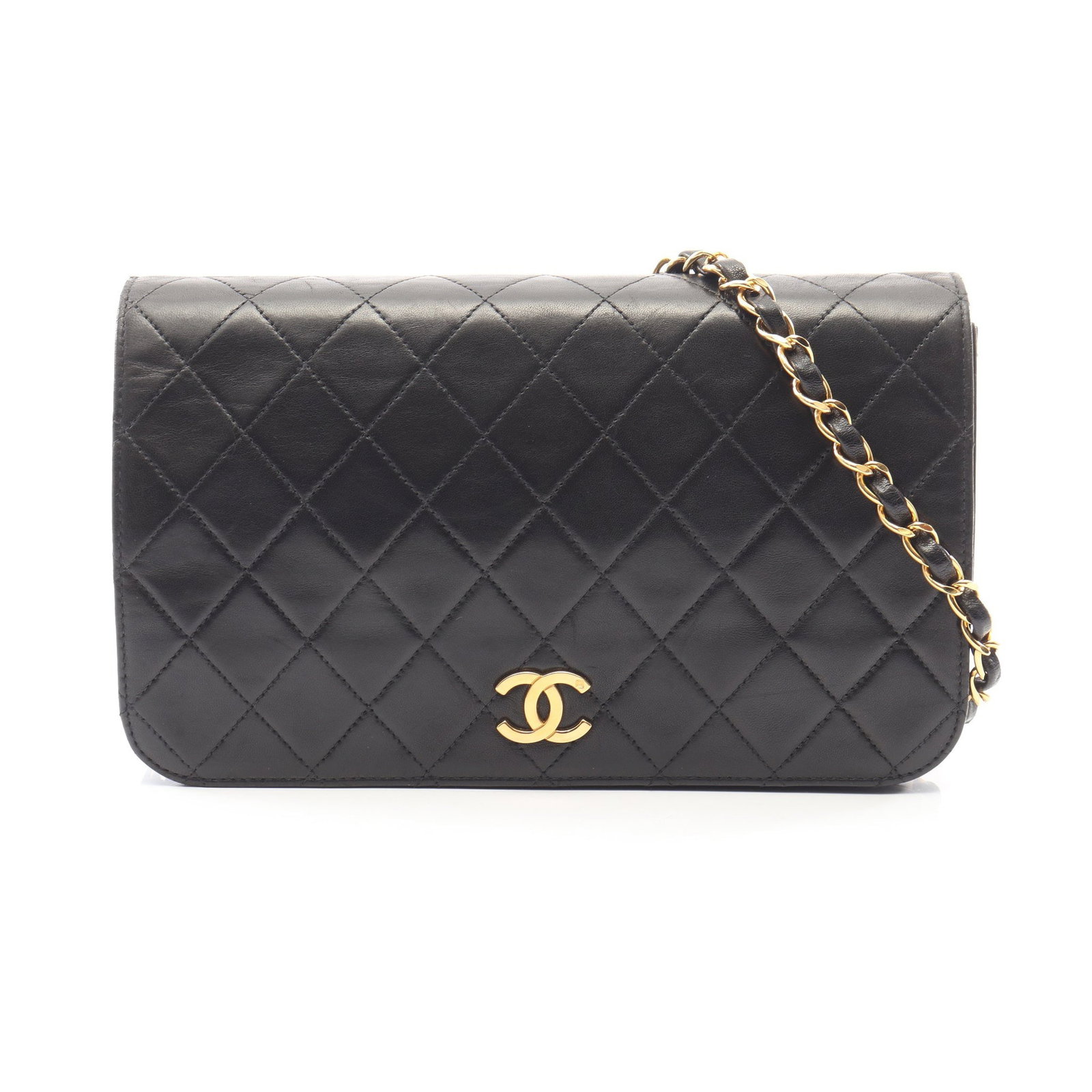 Chanel Full Flap Push Lock Black: Authentic and authenticated Chanel Matelasse Full Flap Push Lock chain shoulder bag in black lambskin with gold hardware. Model A03568. Approx. 14H x 23.5W x 6D cm with 87 cm strap. Includes serial