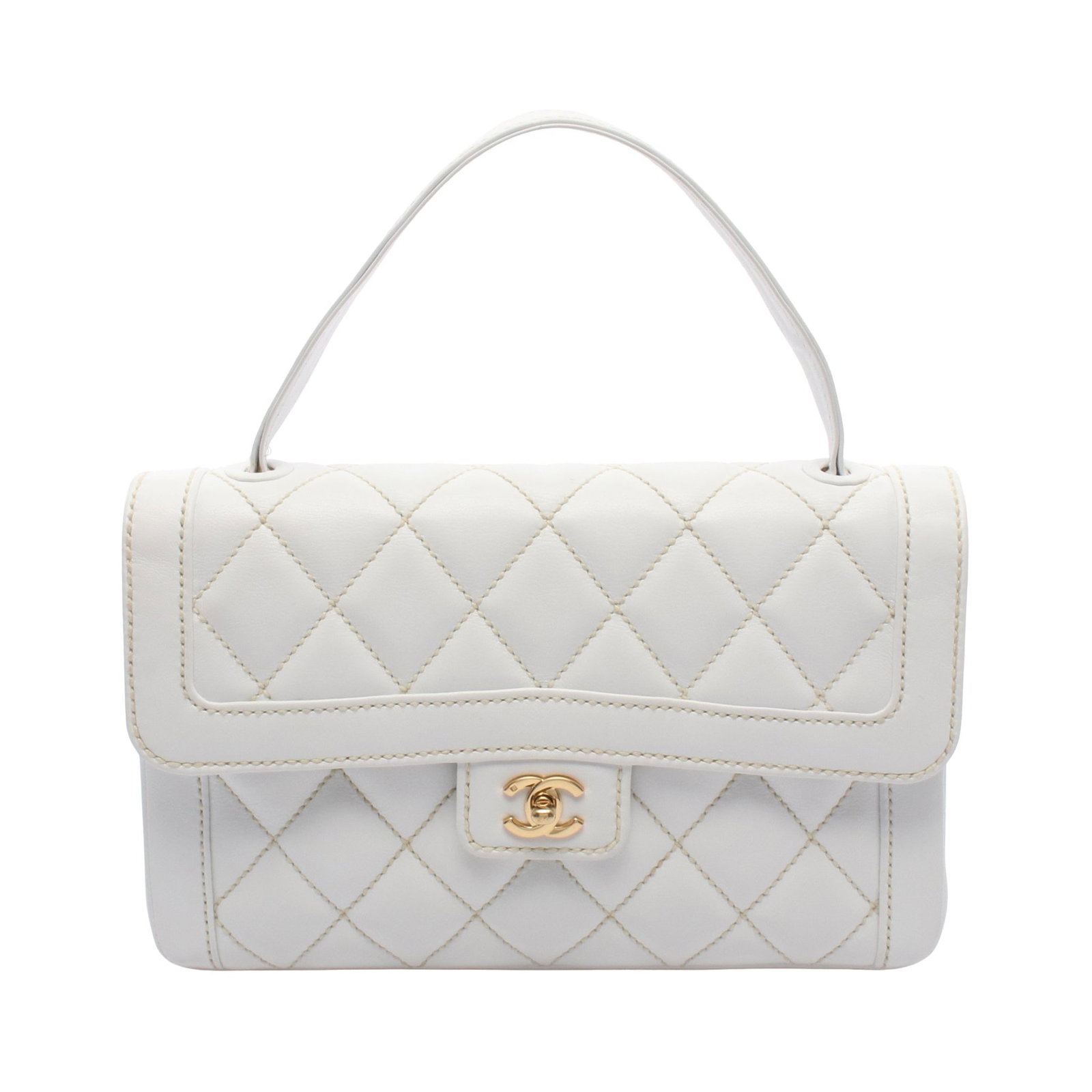 Chanel Wild Stitch Top Handle White: Authentic and authenticated Chanel Wild Stitch top handle handbag in white leather with gold hardware. Approx. 20H x 31/30.5W x 7D cm with 36 cm handle. Includes guarantee card, serial seal, and