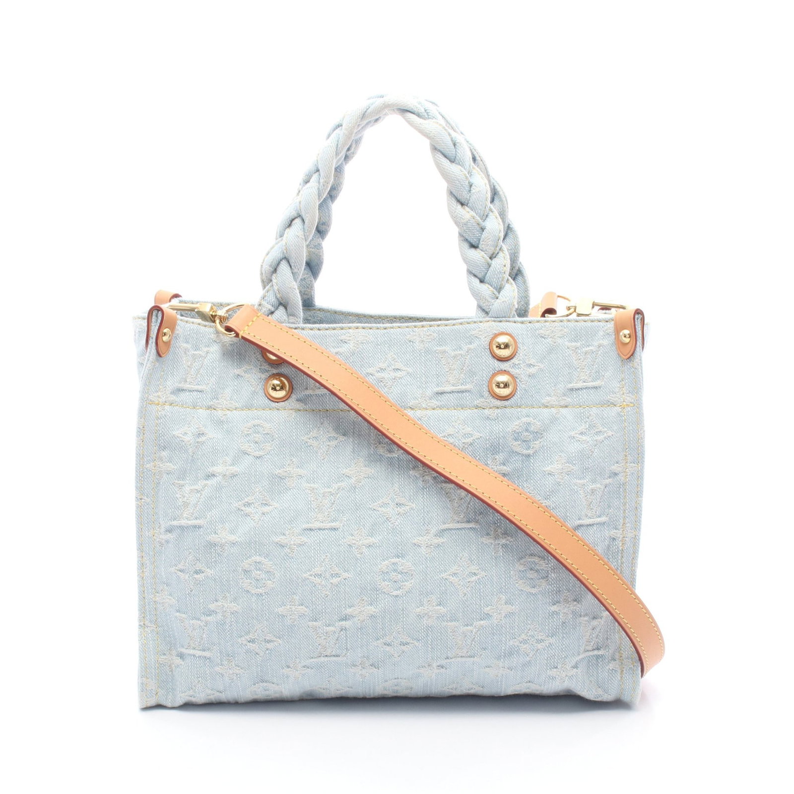 LV Let Go Denim 2WAY Handbag: Authentic and authenticated Louis Vuitton Let Go Monogram denim 2WAY handbag in light blue denim leather with RFID. Model M24897. Approx. 22H x 26/27W x 8D cm with 29 cm handle and 125-137 cm strap.