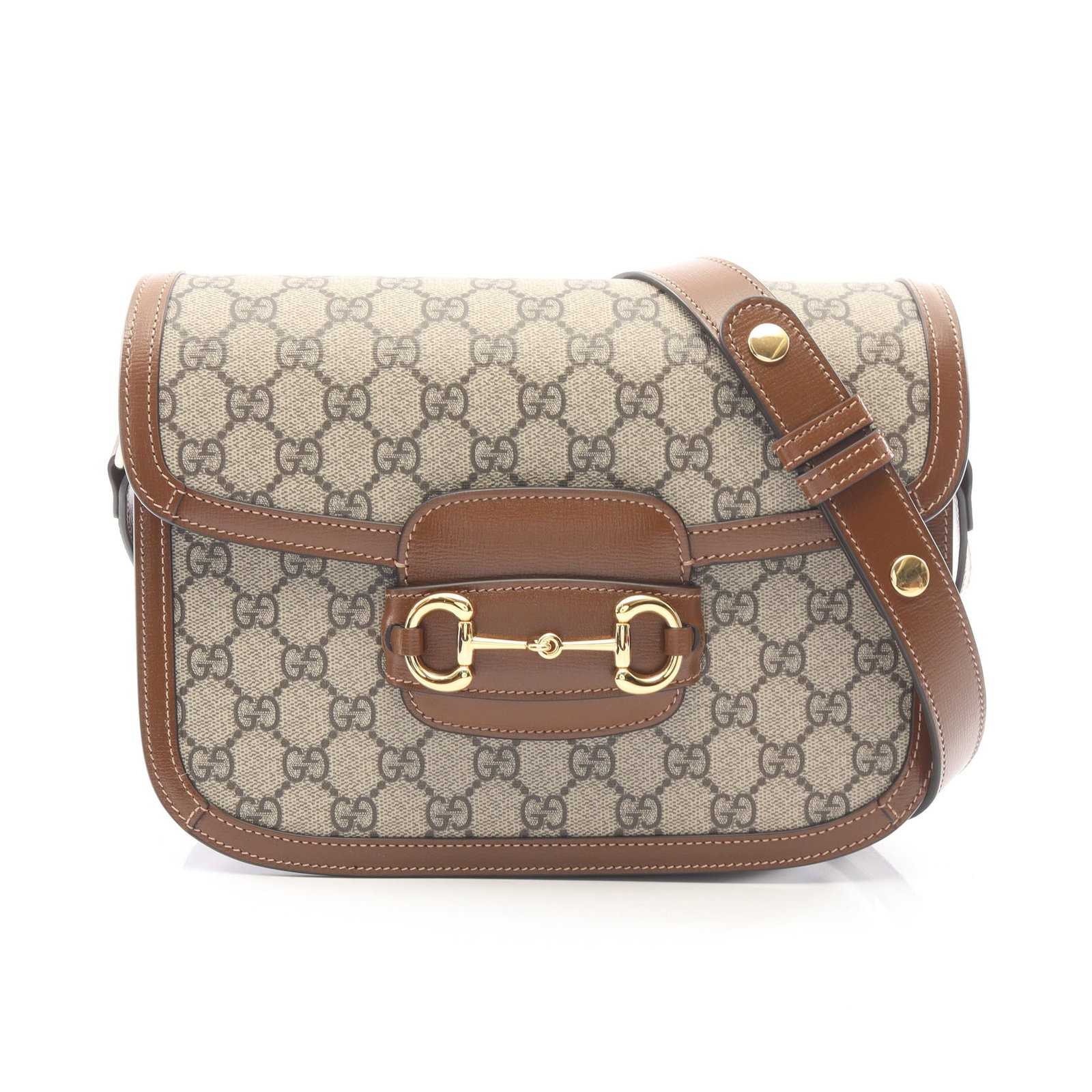 Gucci Horsebit 1955 Supreme Bag: Authentic and authenticated Gucci Horsebit 1955 GG Supreme shoulder bag in beige and brown PVC leather. Model 60220492TCG8563. Approx. 18.5H x 25W x 5D cm with 65-104 cm strap. Includes storage bags.