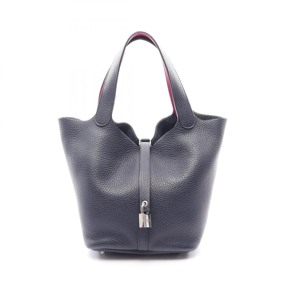 Hermes Picotin Lock MM Blue Pink: Authentic and authenticated Hermes Picotin Lock MM handbag in navy and pink purple Clemence leather with silver hardware. Approx. 21H x 35/22W x 17D cm with 34 cm handle. Includes 2 keys and padlock.