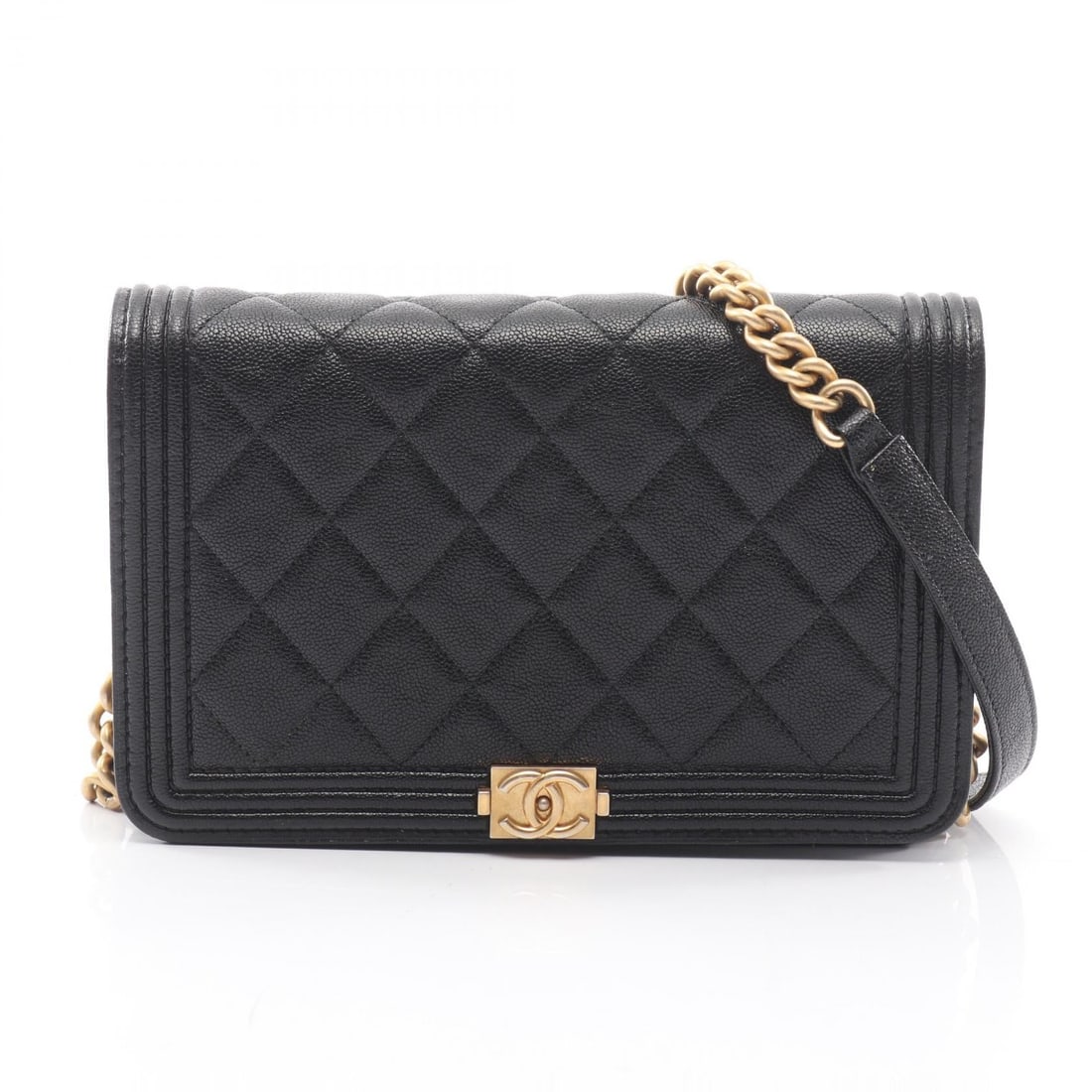 Chanel Boy Chain Wallet Black: Authentic and authenticated Chanel Boy Chanel Matelasse chain wallet in black caviar skin with gold hardware. Model AP1117. Approx. 12H x 19W x 4D cm with 128 cm strap. Includes guarantee card and ser