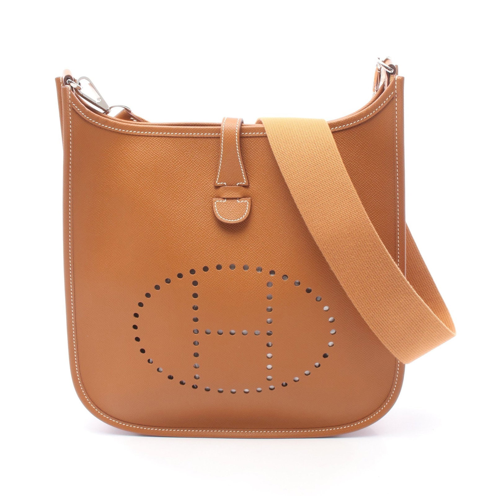 Hermes Evelyne II PM Gold Brown: Authentic and authenticated Hermes Evelyn 2 De PM shoulder bag in brown Veau Epsom with silver hardware. Approx. 27H x 28W x 8D cm with 93 cm strap. ?K stamp.