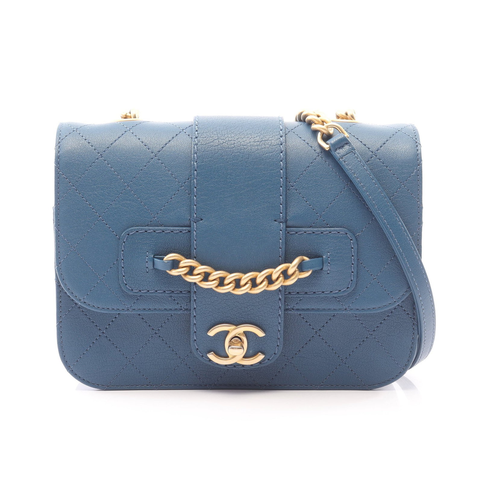 Chanel Matelasse Chain Bag Blue: Authentic and authenticated Chanel Matelasse chain shoulder bag in blue caviar skin with gold hardware. Approx. 16H x 21W x 5D cm with 120 cm strap. Includes guarantee card and serial seal.