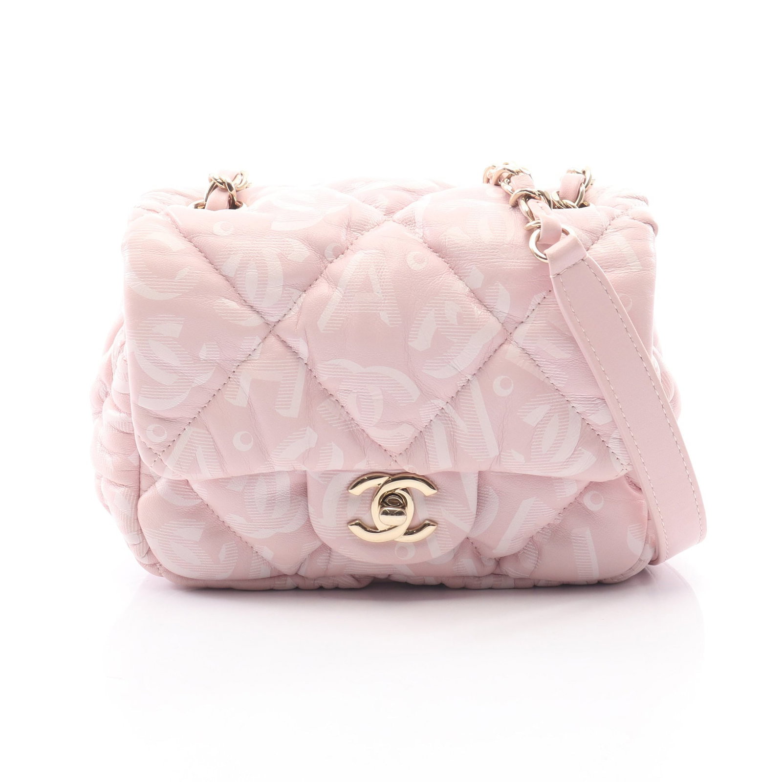 Chanel Coco Neige Chain Bag Pink: Authentic and authenticated Chanel Matelasse Coco Neige chain shoulder bag in light pink lambskin with gold hardware. Approx. 12H x 17W x 7D cm with 127 cm strap. Includes serial metal plate.