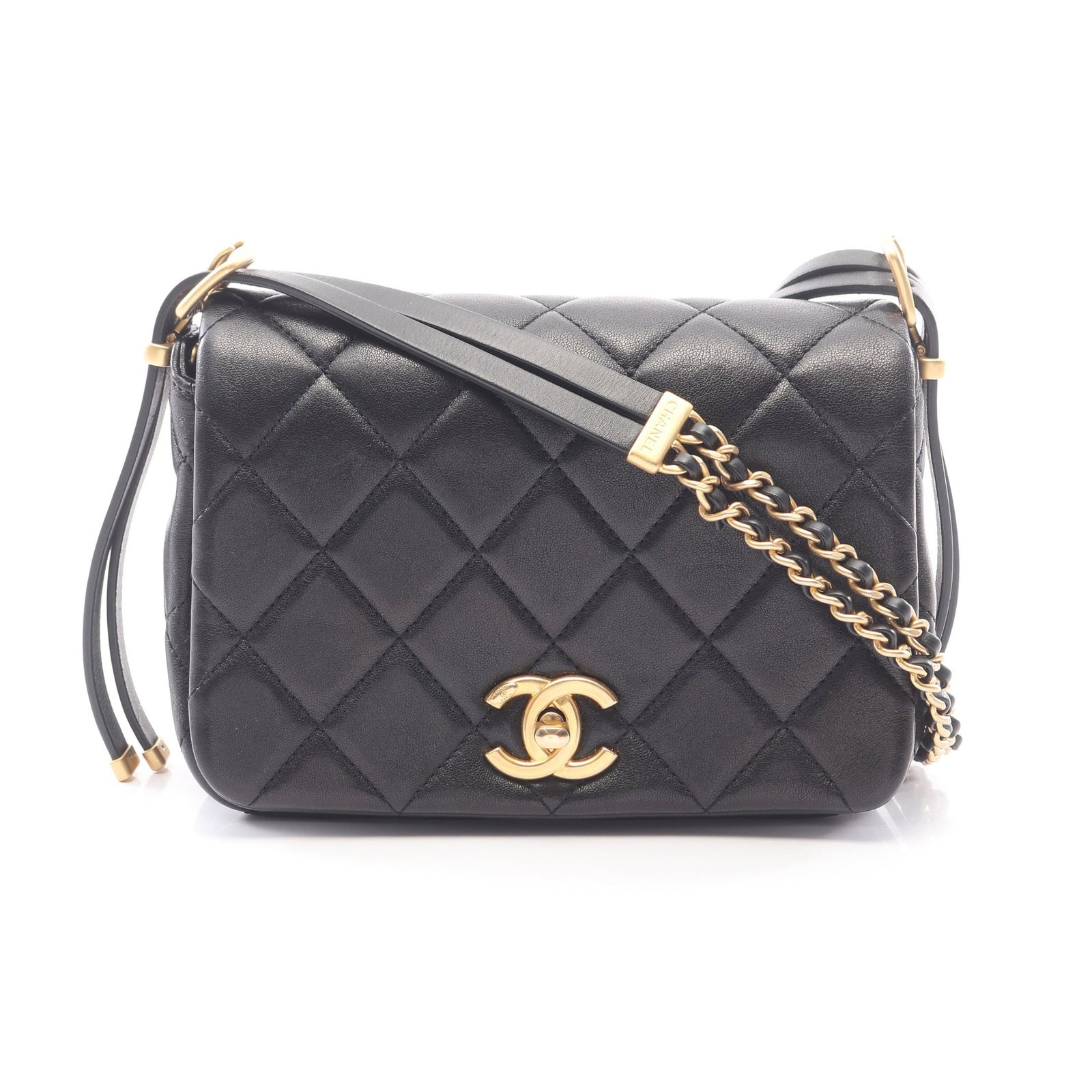 Chanel Chain Shoulder Bag Black: Authentic and authenticated Chanel Matelasse chain shoulder bag in black leather with gold hardware. Model AS4340. Approx. 13H x 18/19W x 6.5D cm with 113 cm strap. Includes serial metal plate.