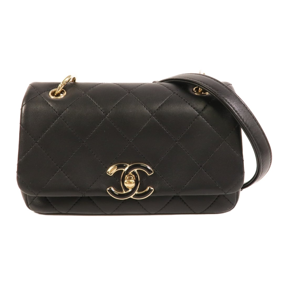 Chanel Chain Shoulder Bag Black: Authentic and authenticated Chanel chain shoulder bag in black lambskin. Product no. 30859136. Approx. 19W x 12H x 6D cm with 119 cm strap. Includes hologram sticker.