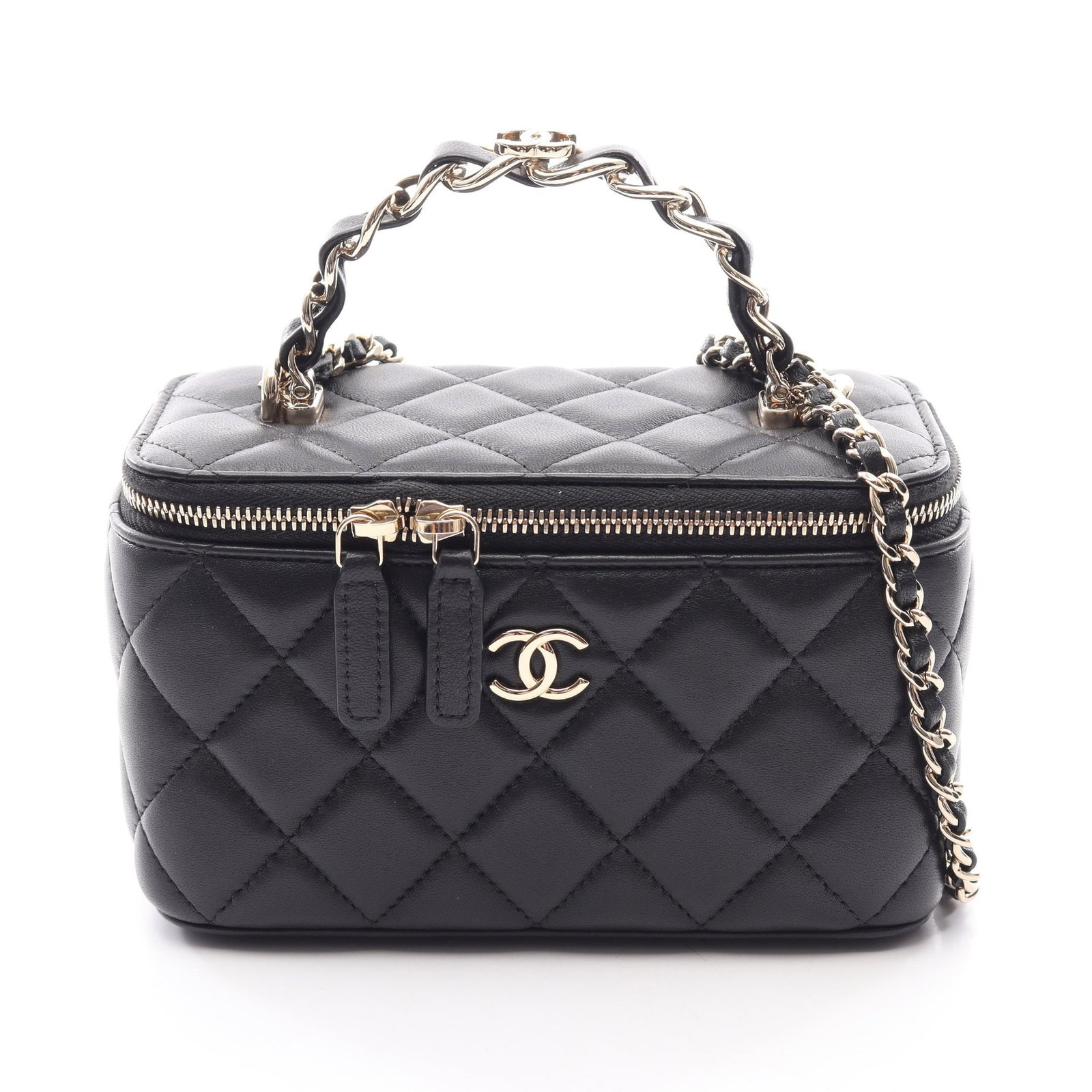 Chanel Vanity 2WAY Chain Bag Black: Authentic and authenticated Chanel Matelasse Vanity bag 2WAY chain shoulder bag in black lambskin with gold hardware. Model AP2199. Approx. 9.5H x 16W x 8D cm with 17 cm handle and 116 cm strap.