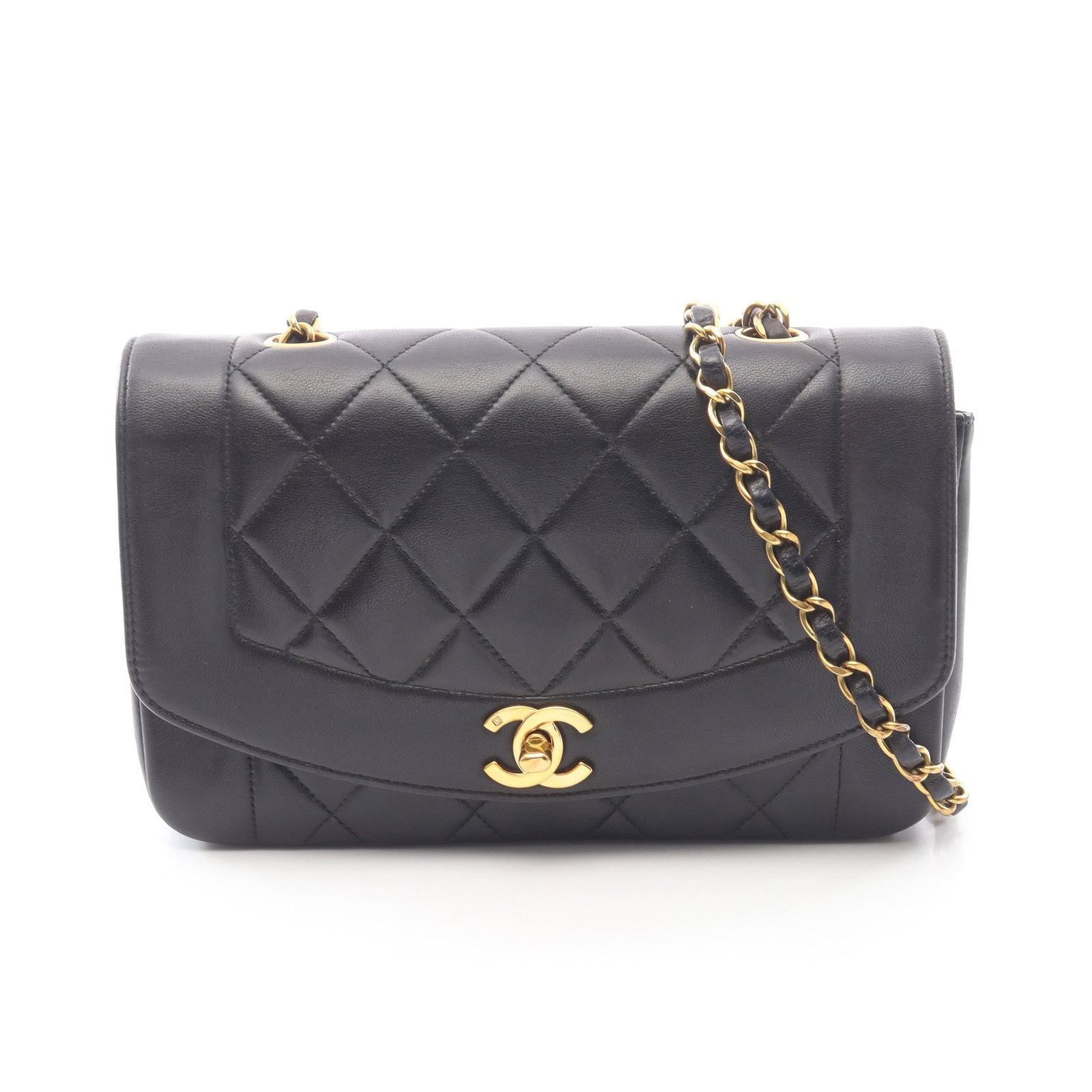 Chanel Diana Flap Chain Bag Black: Authentic and authenticated Chanel Matelasse Diana Flap chain shoulder bag in black lambskin with gold hardware. Model A01164. Approx. 14H x 22W x 7D cm with 110 cm strap. Includes serial seal.