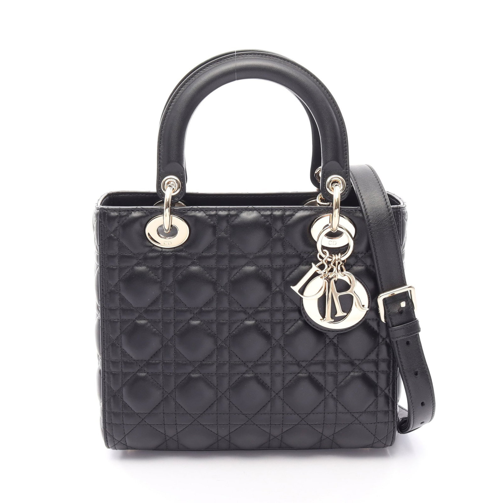 Dior Lady Dior Medium 2WAY Black: Authentic and authenticated Christian Dior Lady Dior Medium Canage 2WAY handbag in black leather. Model M0565ONG. Approx. 20H x 24W x 12D cm with 34 cm handle and 110-120 cm strap.