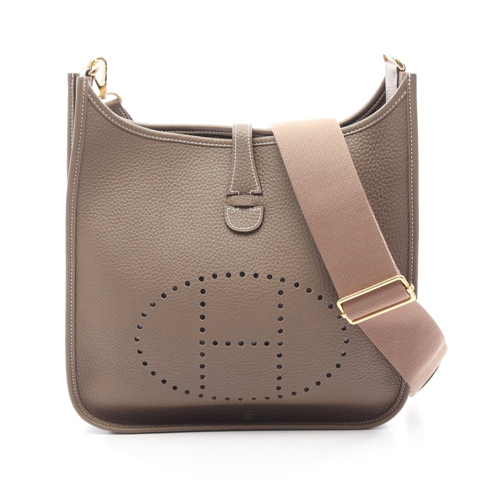 Hermes Evelyne III PM Etoupe: Authentic and authenticated Hermes Evelyn 3 Troyes PM shoulder bag in gray brown Clemence leather with gold hardware. Approx. 26.5H x 27/28W x 7D cm with 92-134 cm strap. B stamp.