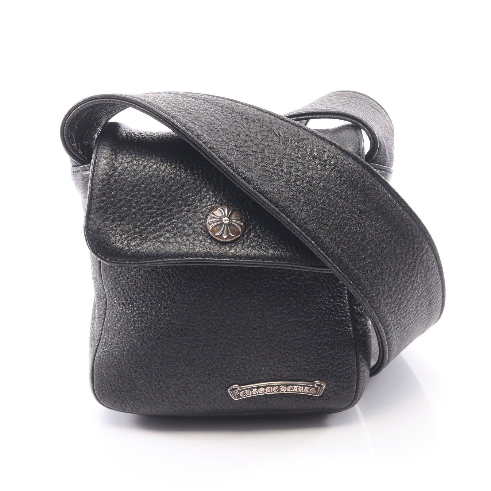Chrome Hearts Hot Pot Shoulder Bag: Authentic and authenticated Chrome Hearts HOT POT shoulder bag in black leather. Approx. 14H x 13W x 5D cm with 108 cm strap.
