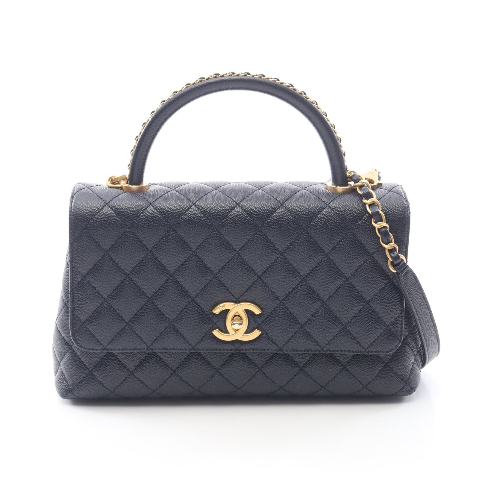 Chanel Coco Handle 29 Navy: Authentic and authenticated Chanel Coco Handle 29 Top Handle Flap 2WAY handbag in navy caviar skin with gold hardware. Model A92991. Approx. 17H x 26/28W x 11D cm with 27.5 cm handle and 110 cm strap.