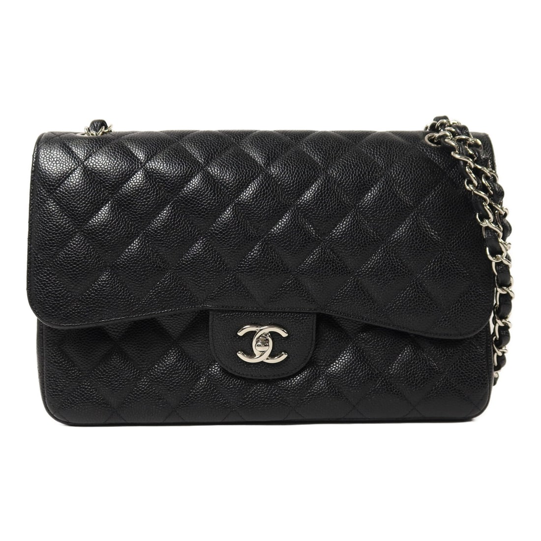 Chanel Large Classic Chain Bag Black: Authentic and authenticated Chanel Large Classic chain shoulder bag in black calfskin. Product no. 21514633. Approx. 30W x 20H x 9D cm with 74-125 cm strap. Includes hologram sticker.