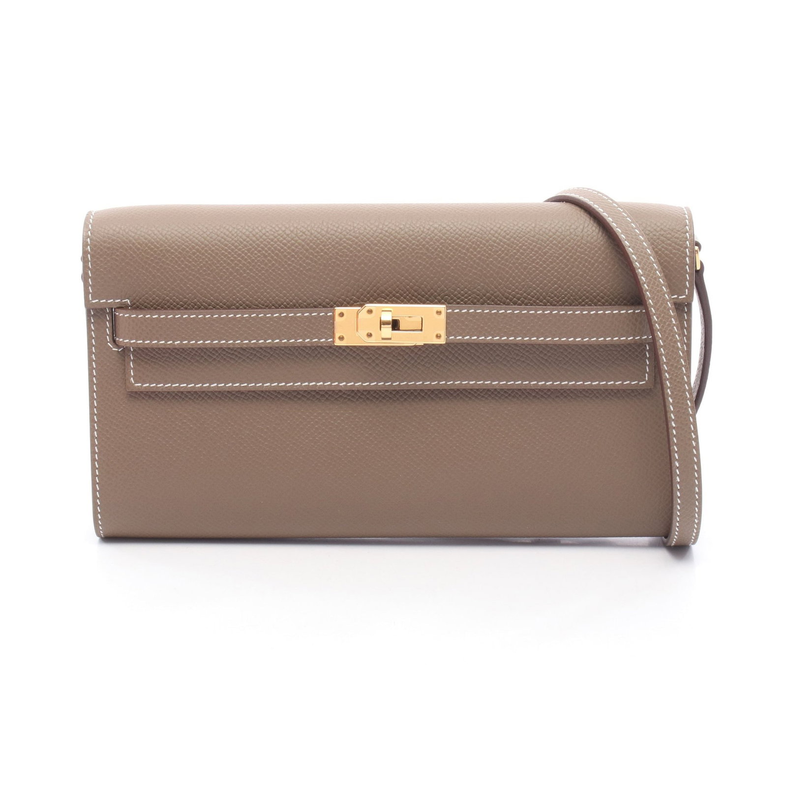 Hermes Kelly To Go Etoupe Epsom: Authentic and authenticated Hermes Kelly To Go shoulder wallet in gray brown Veau Epsom with gold hardware. Approx. 11.5H x 20.5W x 3.5D cm with 110 cm strap. K stamp.