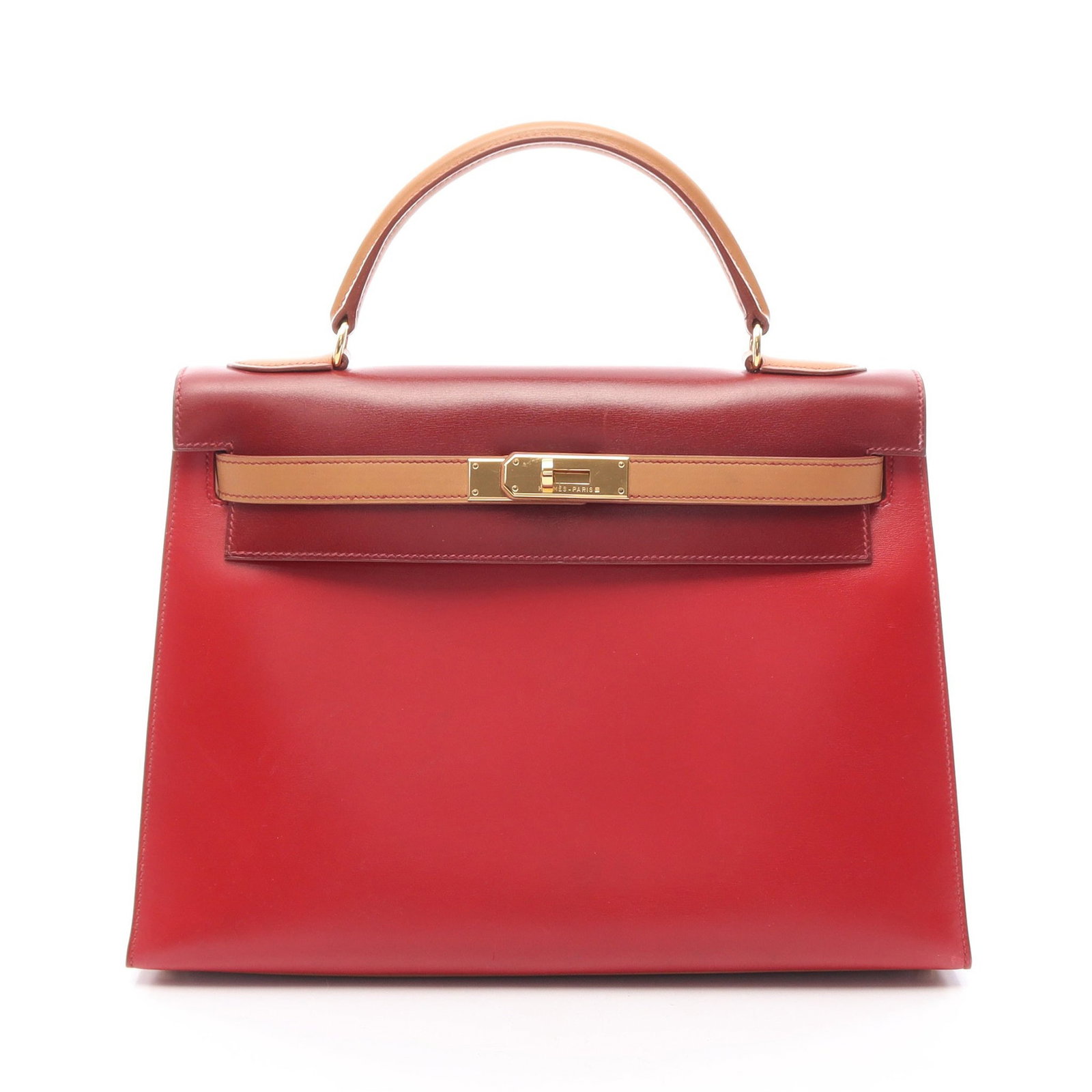 Hermes Kelly 32 Tricolor 2WAY: Authentic and authenticated Hermes Kelly 32 tricolor 2WAY handbag in red, bordeaux, and light brown box calf with gold hardware. Approx. 23H x 28/32W x 12D cm. Includes strap, padlock, 2 keys, and