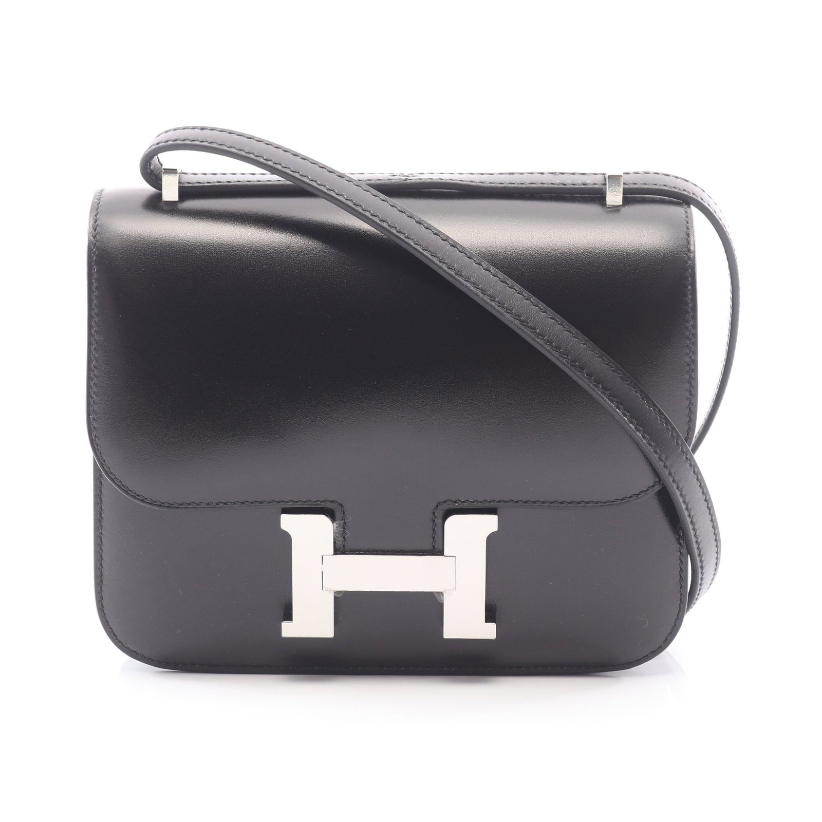 Hermes Constance Mini Black Box Calf: Authentic and authenticated Hermes Constance 3 Mini shoulder bag in black box calf with silver hardware. Approx. 15H x 18W x 2/3D cm with short and long strap options. Includes mirror. W stamp.