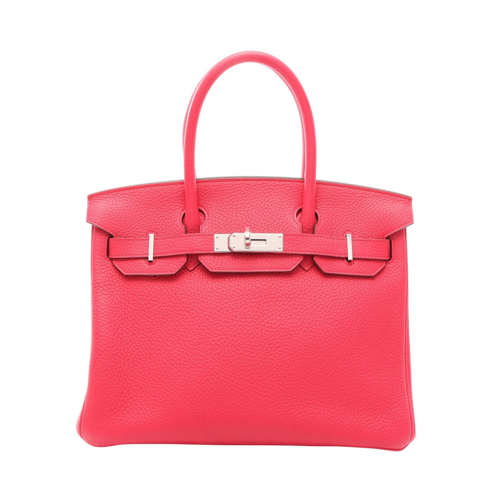 Hermes Birkin 30 Rose Extreme: Authentic and authenticated Hermes Birkin 30 handbag in pink Clemence leather with silver hardware. Approx. 24H x 28/30W x 15D cm with 33 cm handle. Includes 2 keys, padlock, and crochet.