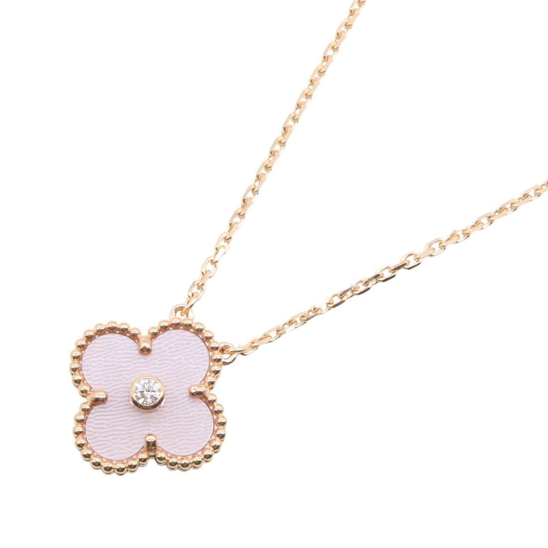 VCA Vintage Alhambra Pink MOP 1PD: Vintage Alhambra necklace in K18 pink gold with pink mother of pearl and 1 diamond.