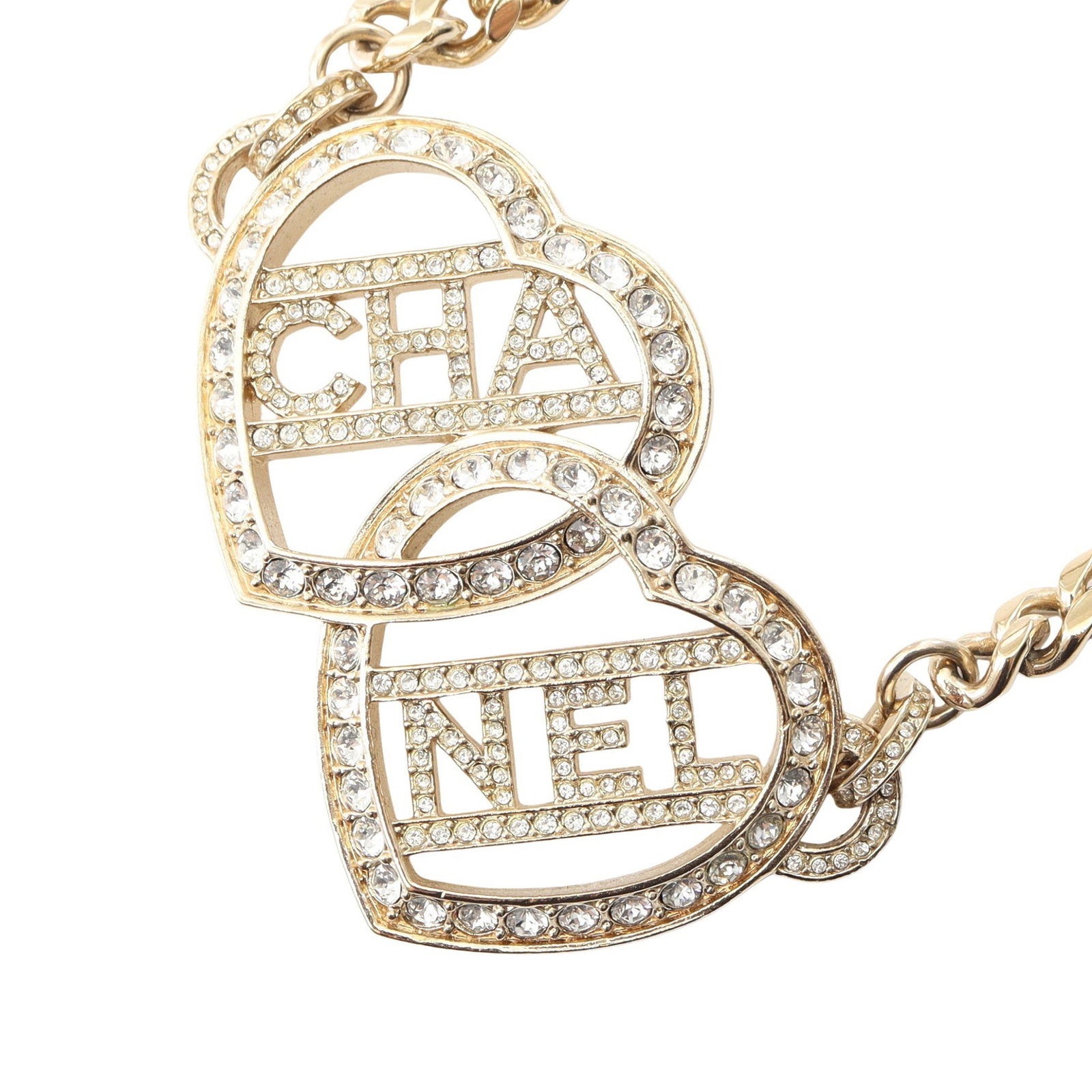 Chanel Heart Logo Choker Gold: Heart Logo choker in gold tone with clear rhinestones.