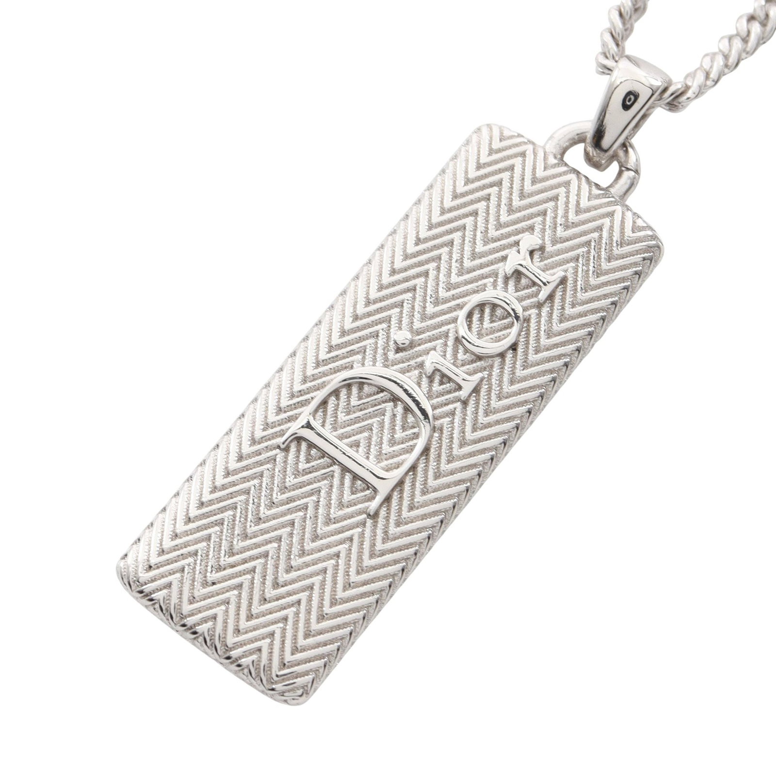 Dior Guilloche Plate Necklace: Christian Dior Guilloche Plate Pendant logo plate necklace in silver. Listed price 68,182.00. Real and authenticated.