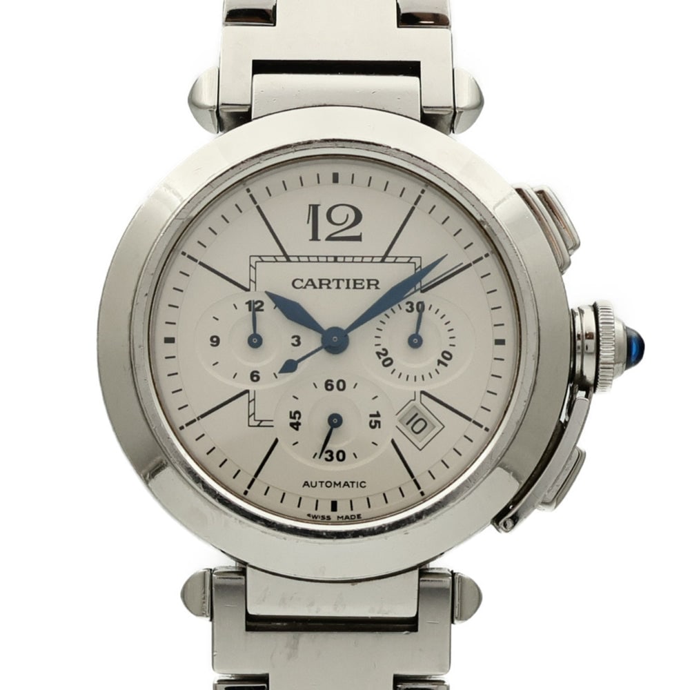 Cartier Santos 100 W20073X8 Auto White: Automatic Santos 100 W20073X8 in stainless steel with white dial. Case 50x38mm, max wrist 17cm, band 20mm.