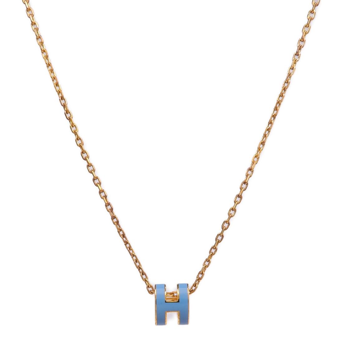 Hermes Mini Pop H Gold Blue: Mini Pop H necklace in gold and blue tone metal.