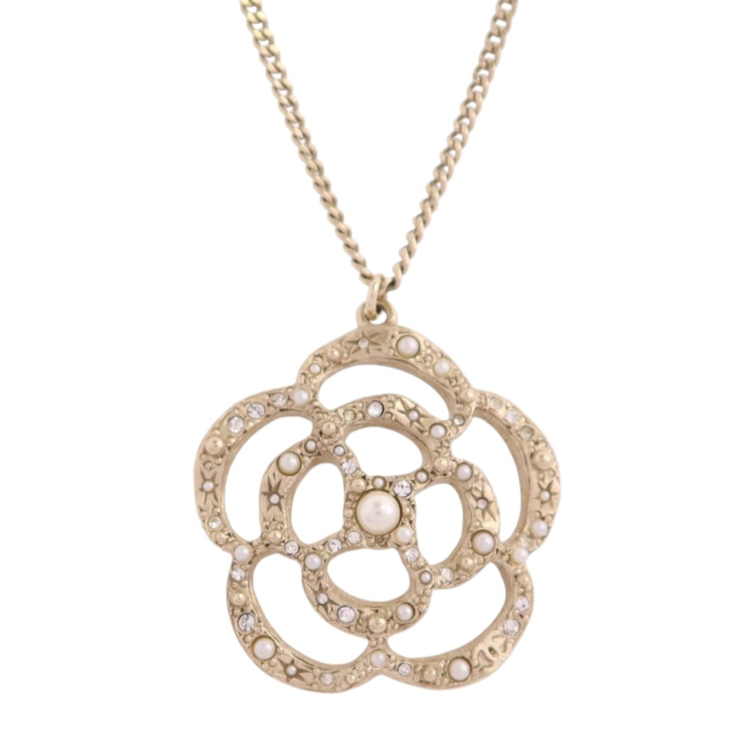 Chanel CC A14/C Strass Necklace: CC GHW necklace A14/C in metal strass and PVC with white and gold tone.