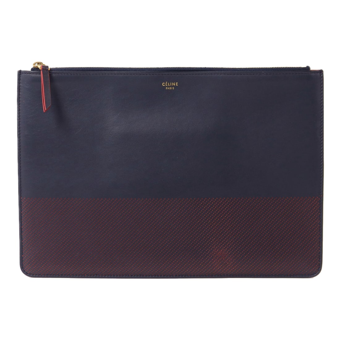 Celine Clutch 103713AB4 Navy Red: Clutch bag 103713AB4 in navy and red calfskin with gold-tone hardware. Includes storage box and storage bags. Size 26.5 x 18 x 0.7 cm.