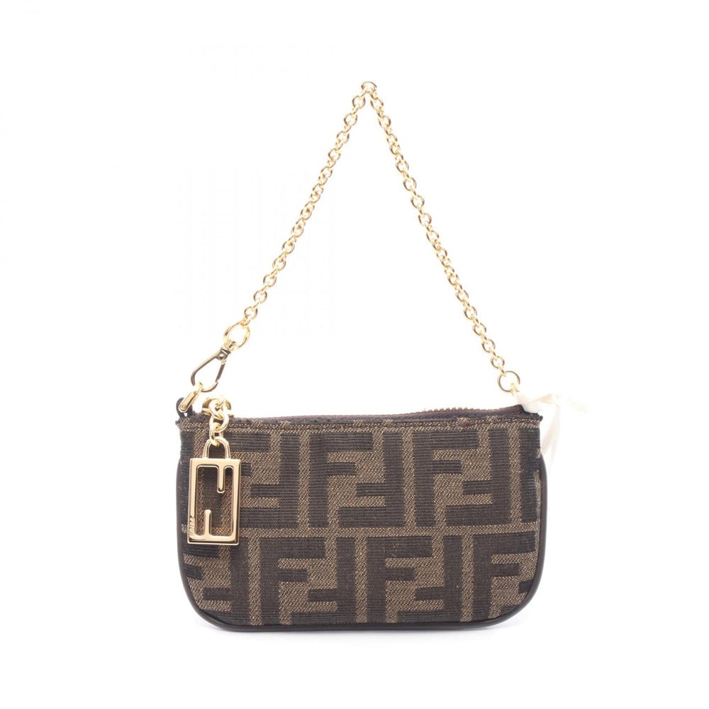 Fendi Bucket Slim Clutch Mini: Brown and black canvas mini clutch handbag. Includes box and storage bag. 13 x 8 x 1.5 cm.