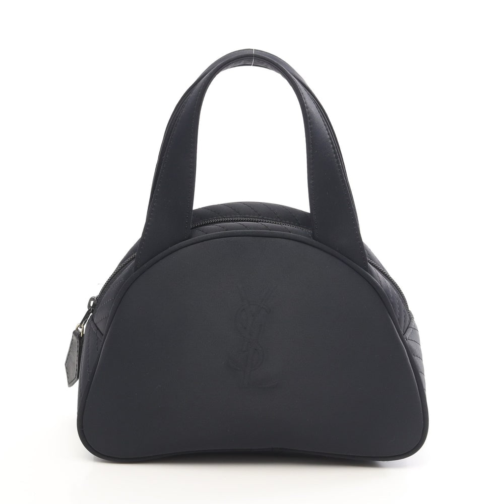 YSL Logo Nylon Handbag Navy: Authentic and authenticated Yves Saint Laurent logo handbag in navy nylon. Approx. 16H x 25W x 10D cm with 30 cm handle. No accessories listed.