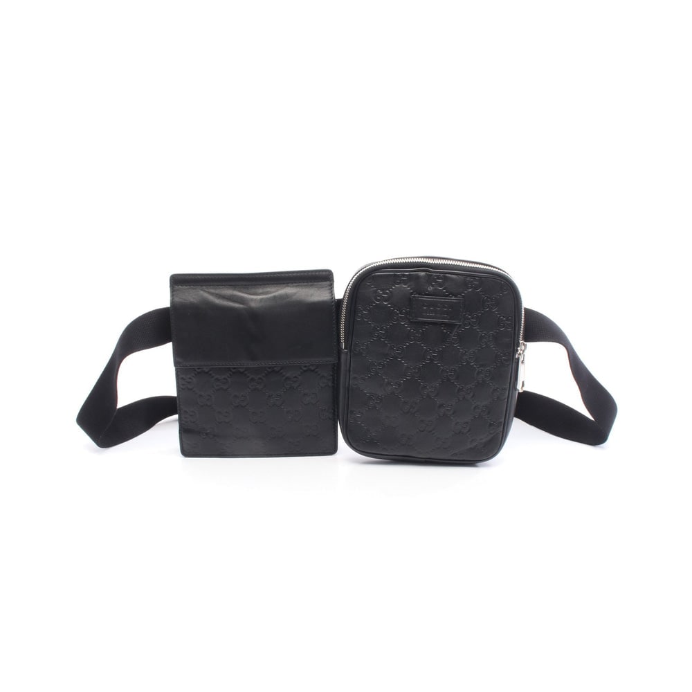 Gucci Double Pouch Belt Bag Black: Authentic and authenticated Gucci Guccissima Double Pouch belt bag in black leather. Model 495450. Approx. 18H x 15W x 3D cm with maximum 126 cm strap. No accessories listed.