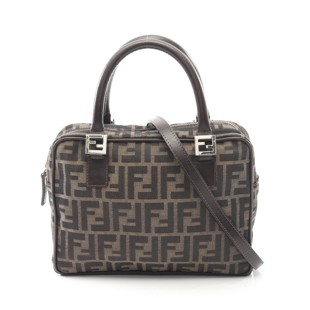 Fendi Zucca Canvas 2Way Handbag: Authenticated genuine Fendi Zucca 2WAY handbag in brown dark brown canvas and leather. Includes shoulder strap. Approx. H19 x W24 top/25 base x D6 cm, handle 37 cm.