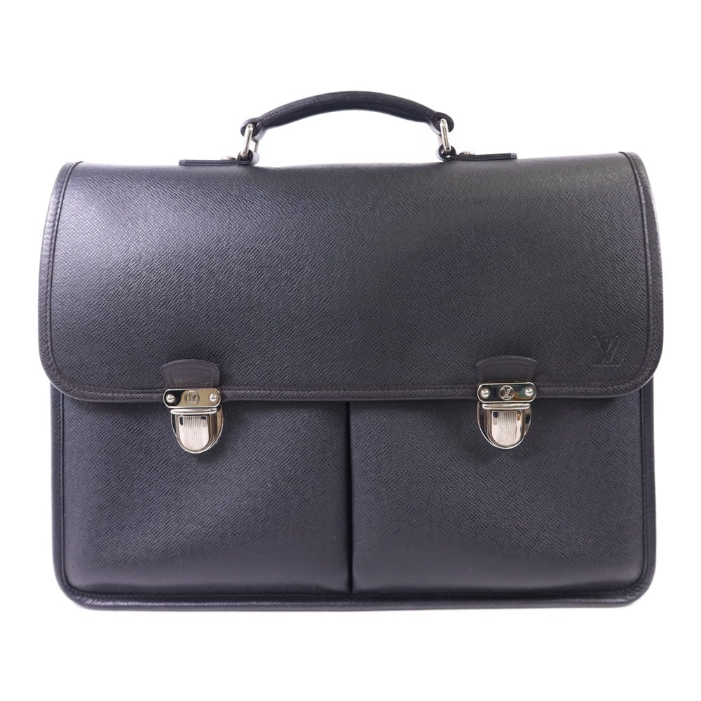 Louis Vuitton Anton Taiga Messenger: Authenticated genuine Louis Vuitton Anton messenger business bag in black Taiga calfskin with silver-tone hardware. Product no. MB4098. Approx. W40.5 x H26.5 x D11 cm with 20 cm handle.