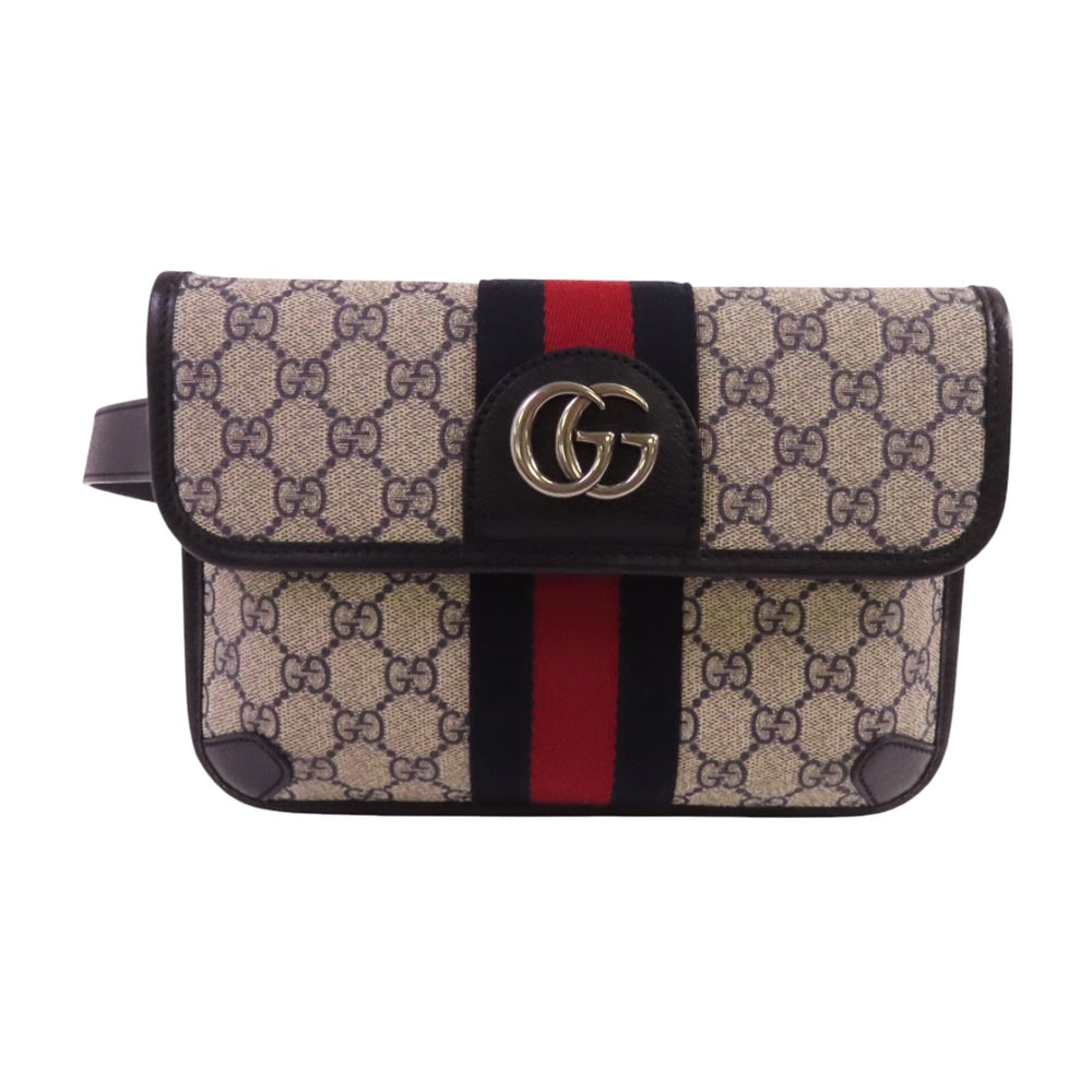 Gucci Ophidia Waist Bag Gray Navy: Authenticated genuine Gucci Ophidia GG Supreme waist body bag in gray navy PVC coated canvas with silver-tone hardware. Includes storage bags. Product no. 525040. Approx. W24 x D3 cm; shoulder 85-99