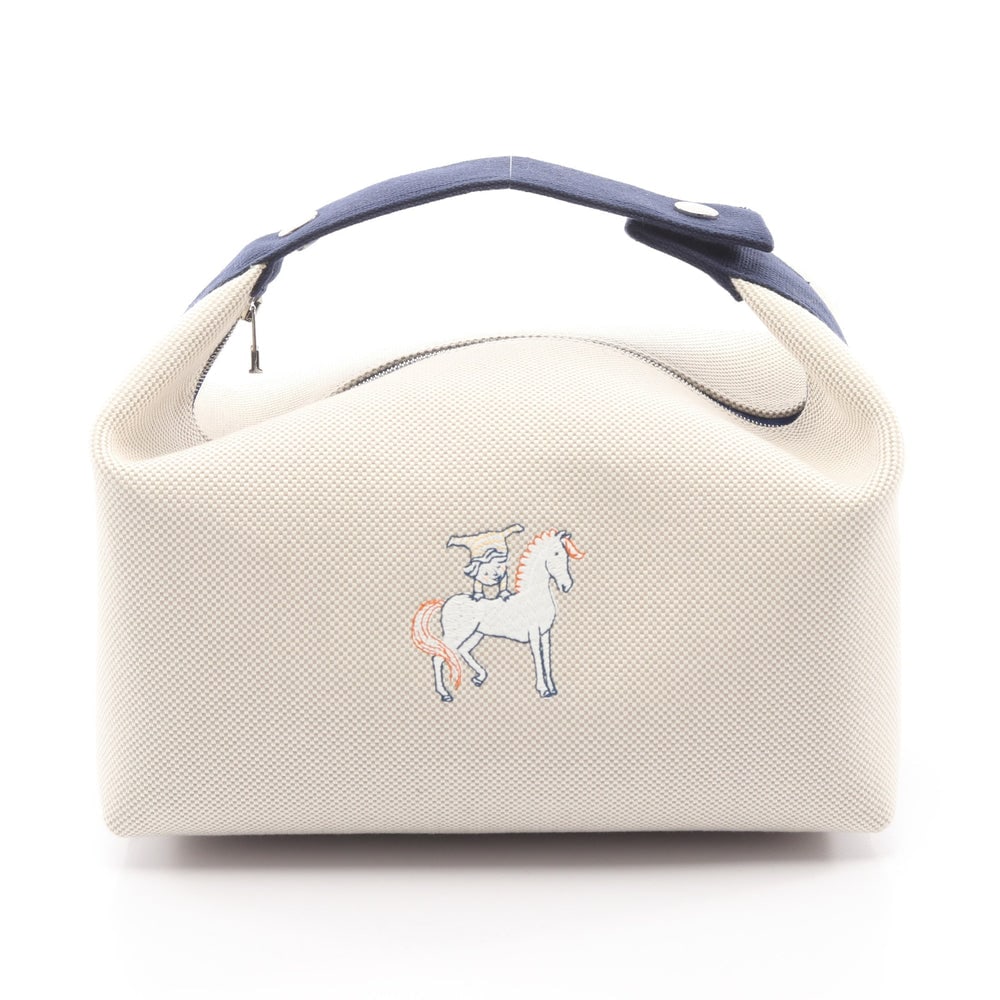 Hermes Bride a Brac GM Beige: Light beige and navy canvas handbag. 25 x 13 x 14 cm.